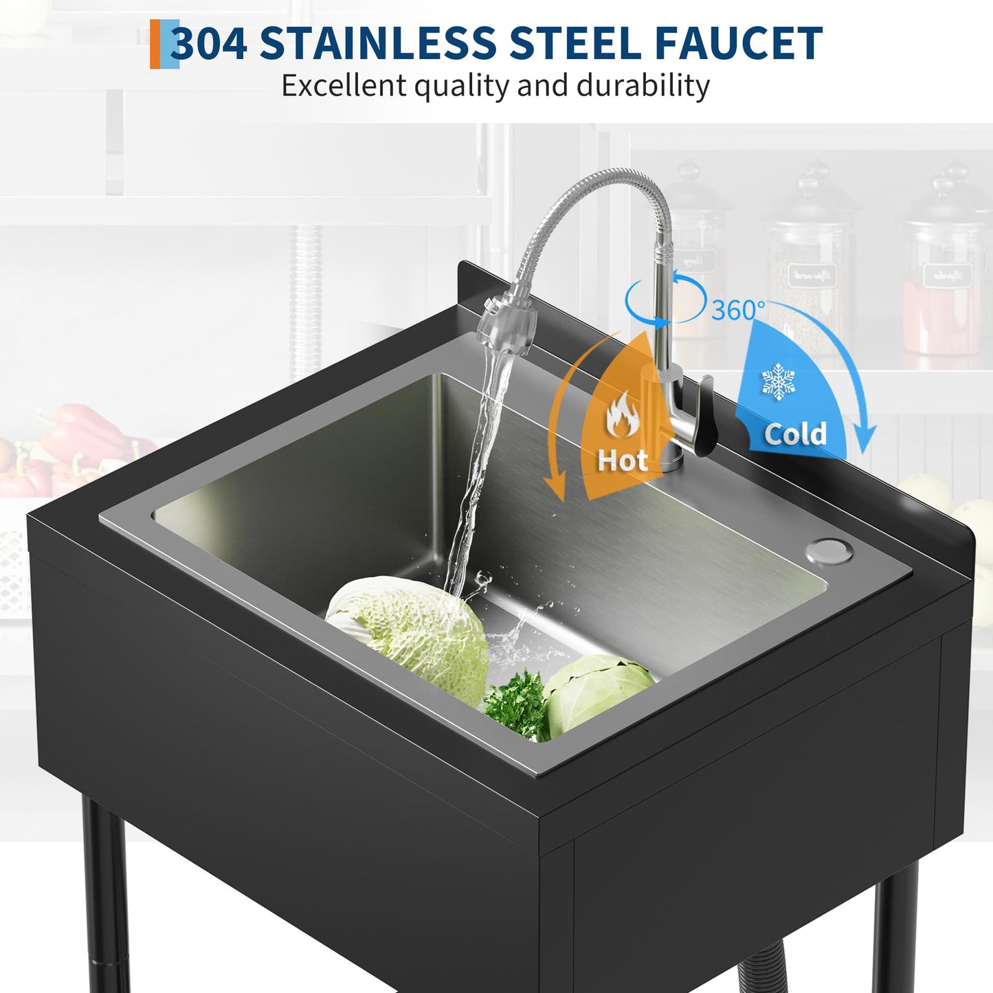 Garvee 21"D X 26"W X 40"H Commercial Stainless Steel Utility Sink With Hot & Cold Water Faucet, Drain Basket For Indoor & Outdoor Use, Black