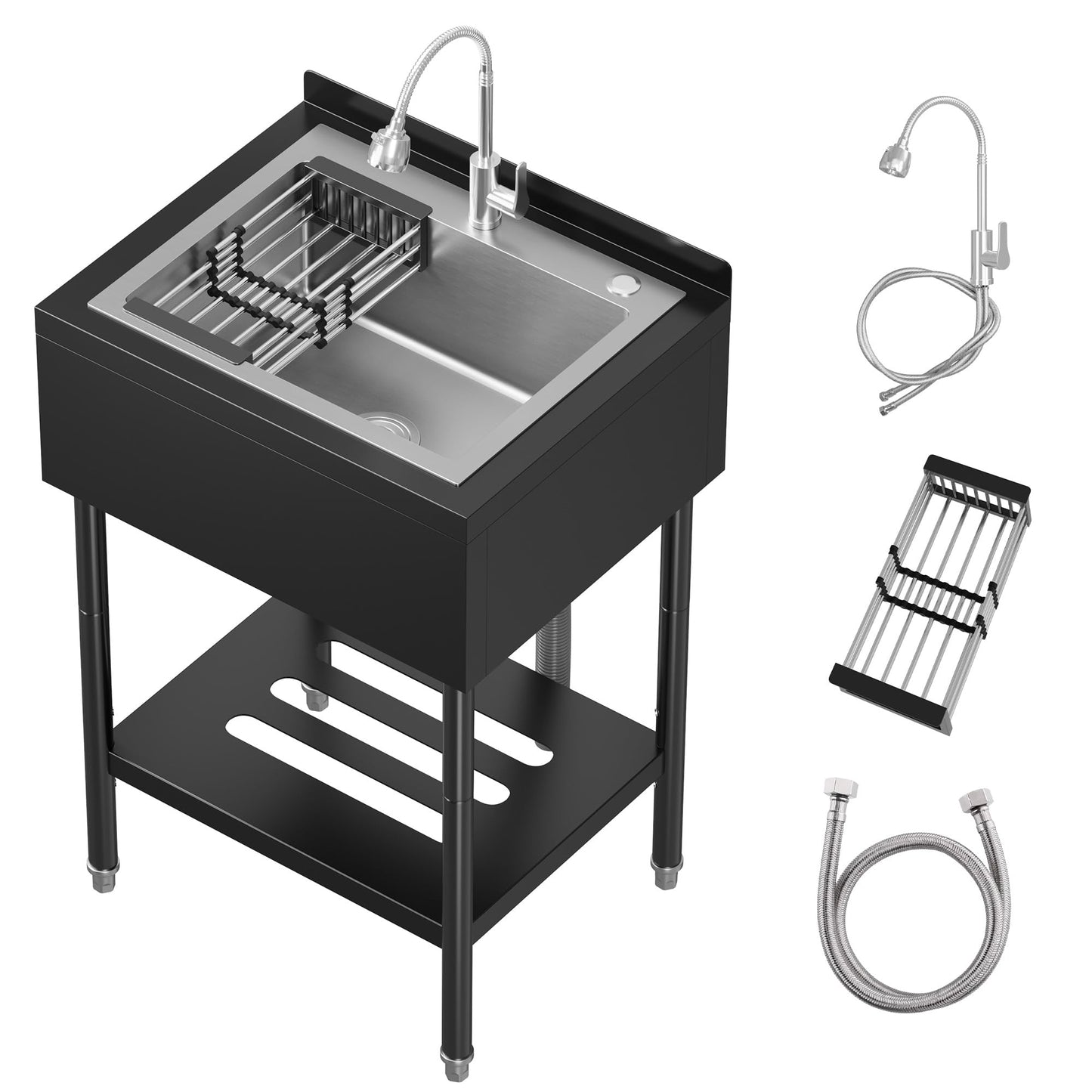 Garvee 21"D X 26"W X 40"H Commercial Stainless Steel Utility Sink With Hot & Cold Water Faucet, Drain Basket For Indoor & Outdoor Use, Black