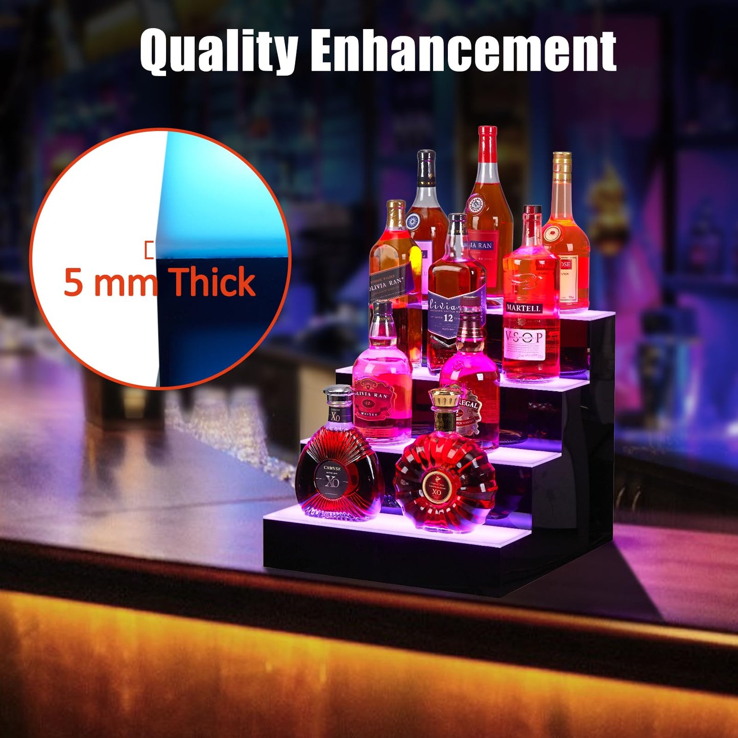 Garvee LED Lighted Liquor Bottle Display, 4 Tier 16 Inch LED Bar Display Shelf with Remote & App Control, Acrylic Lighted Bottle Display Stand, 16 Colors, 4 Modes, Bar Shelves for Liquor Bottles