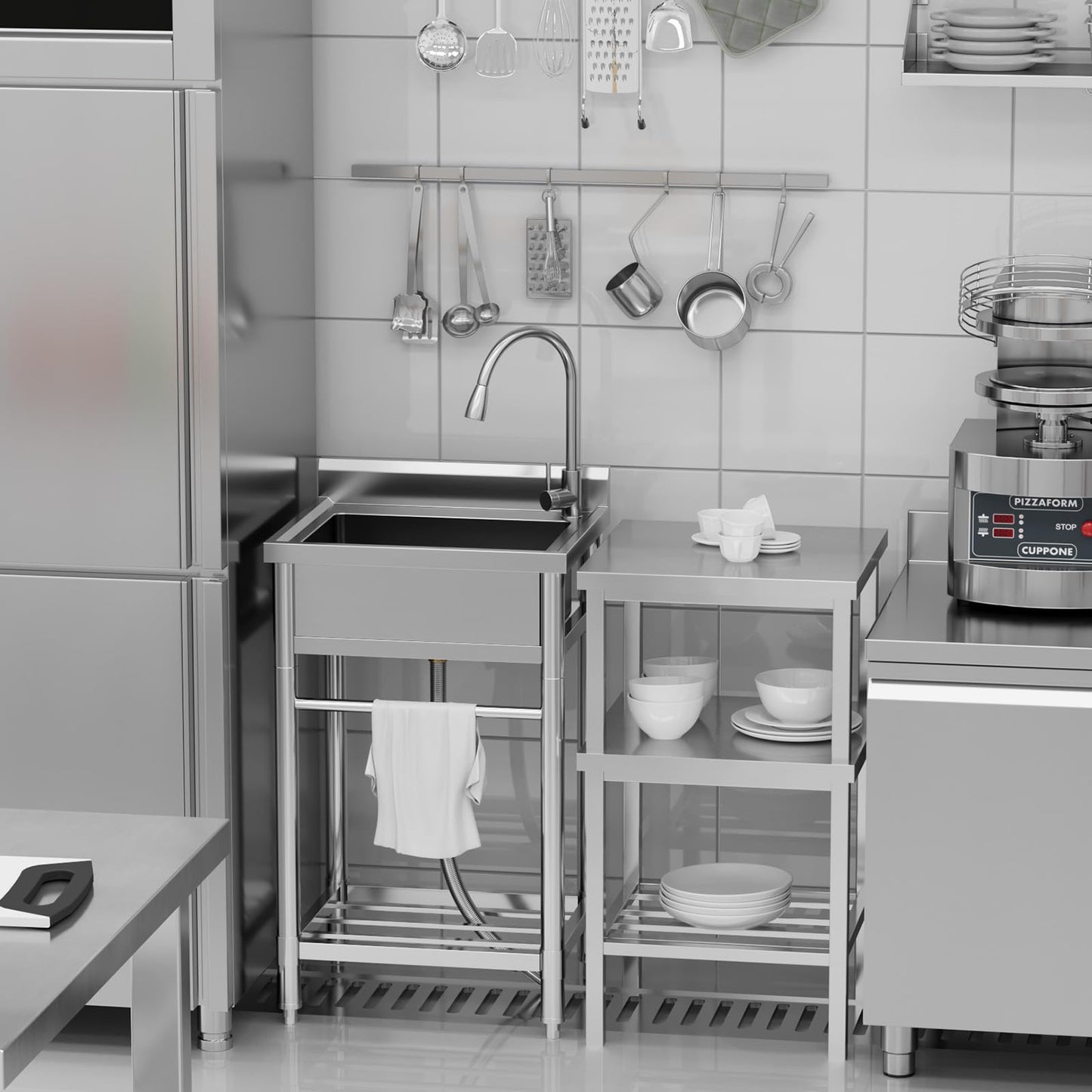 Garvee 24"W x 20"D x 41"H Freestanding Utility Sink - Stainless Steel Commercial Kitchen Sink with Faucet, Hot & Cold Hoses, and Storage Shelf for Laundry Room, Backyard, Garage