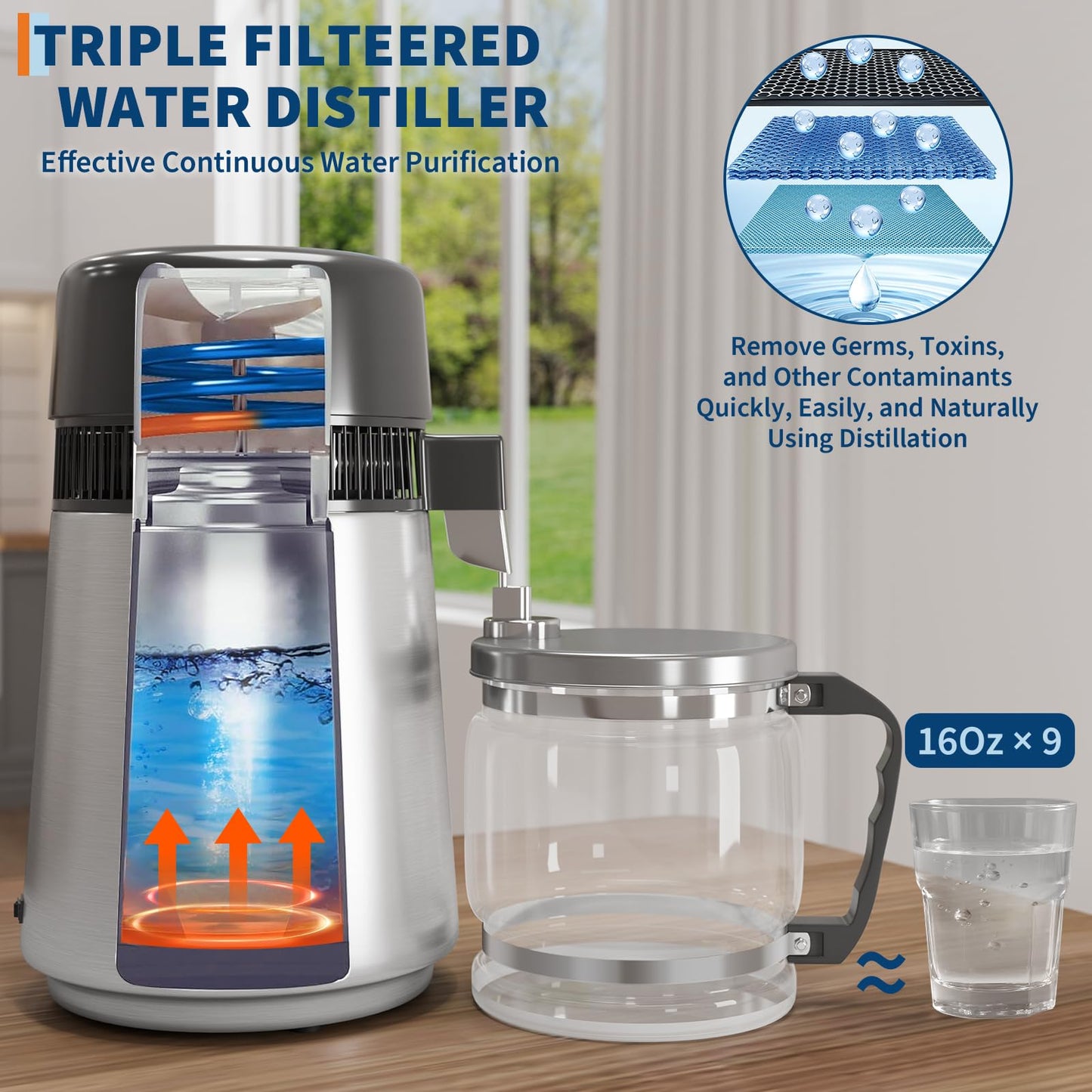 Garvee 4L Distilled Water Maker 750W Stainless Steel Home Countertop Water Distiller Pure Water