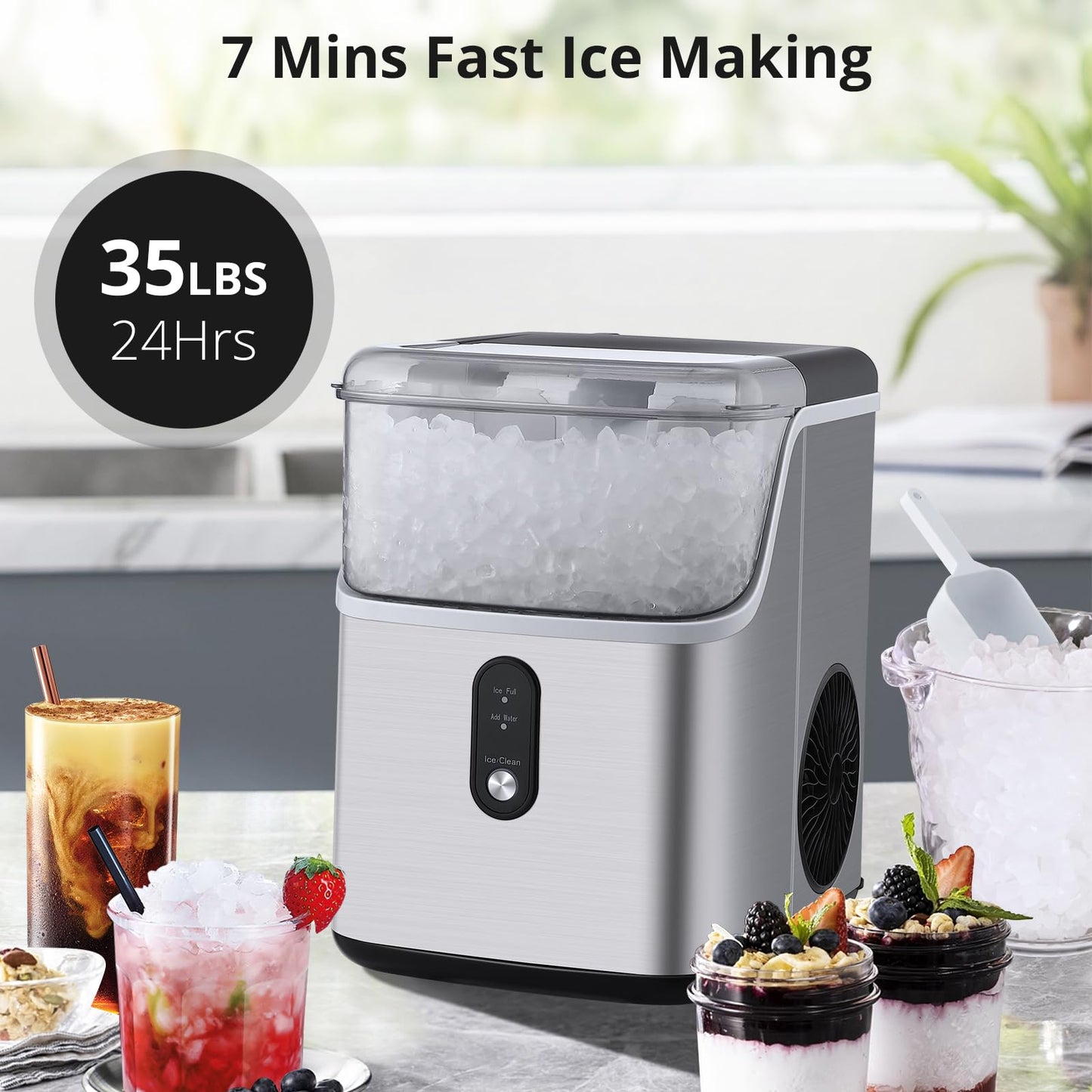 Garvee Commercial Nugget Ice Maker - 36 Lbs/Day Sonic Chewable Ice Machine with Self-Cleaning, Fast 7-Min Ice Making for Home Bar (Silver)
