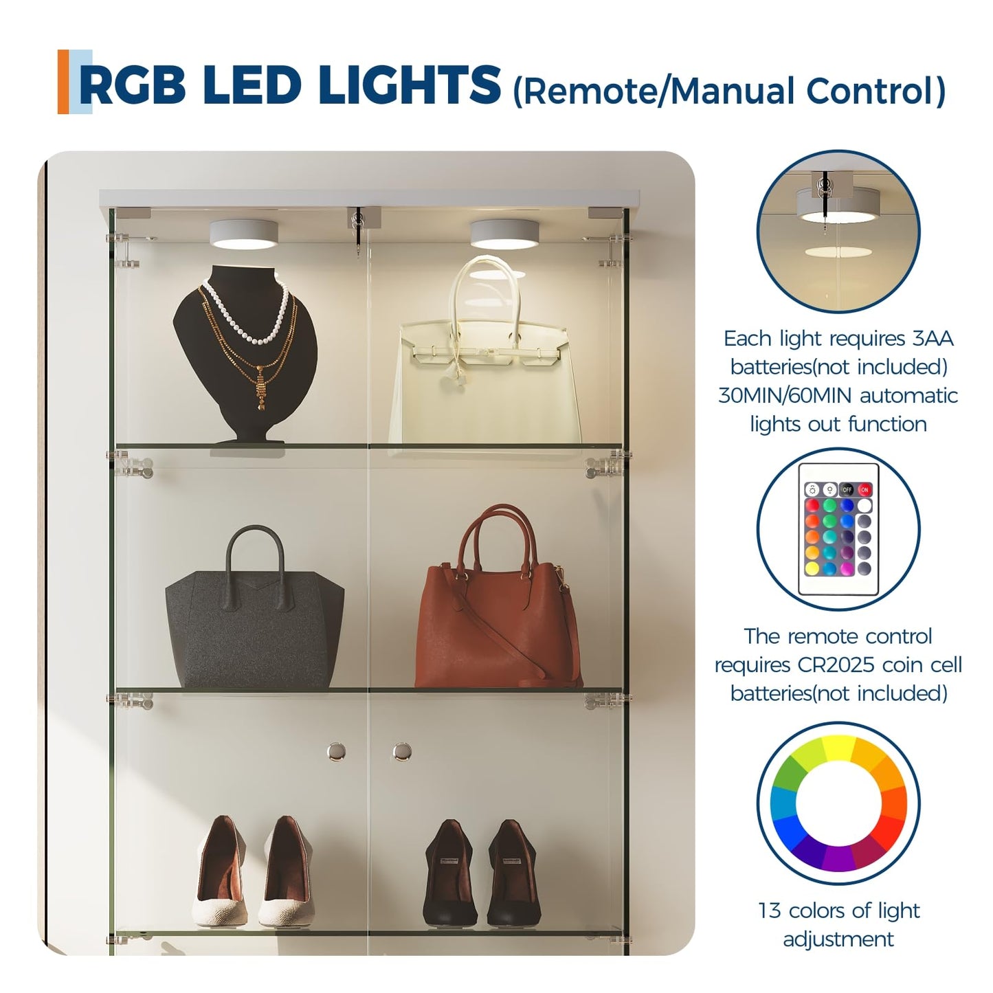 GARVEE Glass Display Case with LED Lights 32"L x 14"W x 74"H Tempered Glass Display Case, 5 Adjustable Lighted Bar Shelves with Lock, Slim Depth for Bar Bottle Storage, Living Room, Bedroom, or Office (White)