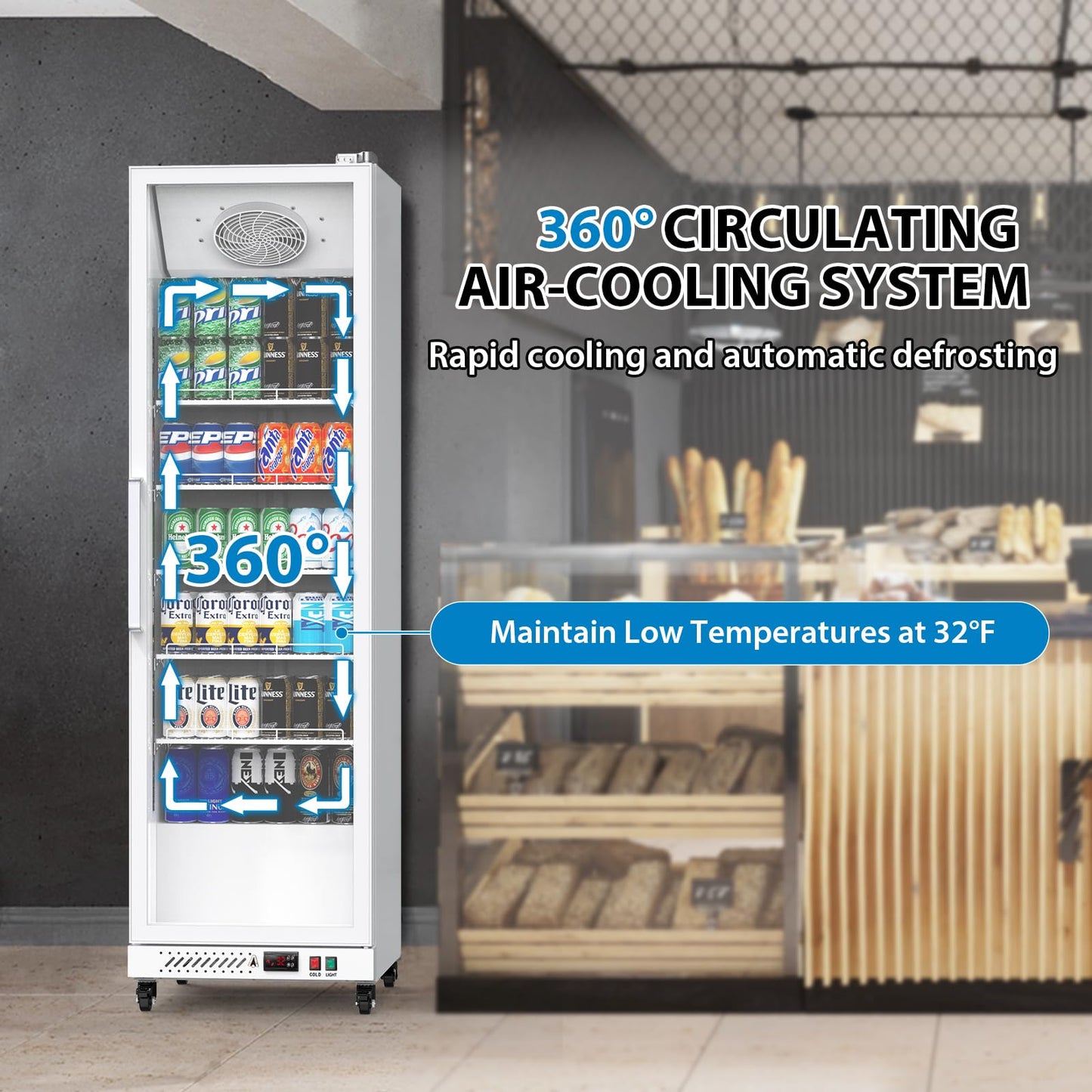 Garvee Commercial Display Refrigerator, 12.4 Cu.Ft Beverage Cooler, LED Light, Adjustable Shelves, Glass Door, Auto-Defrost, 360° Air-Cooling, Suitable for Bars and Stores