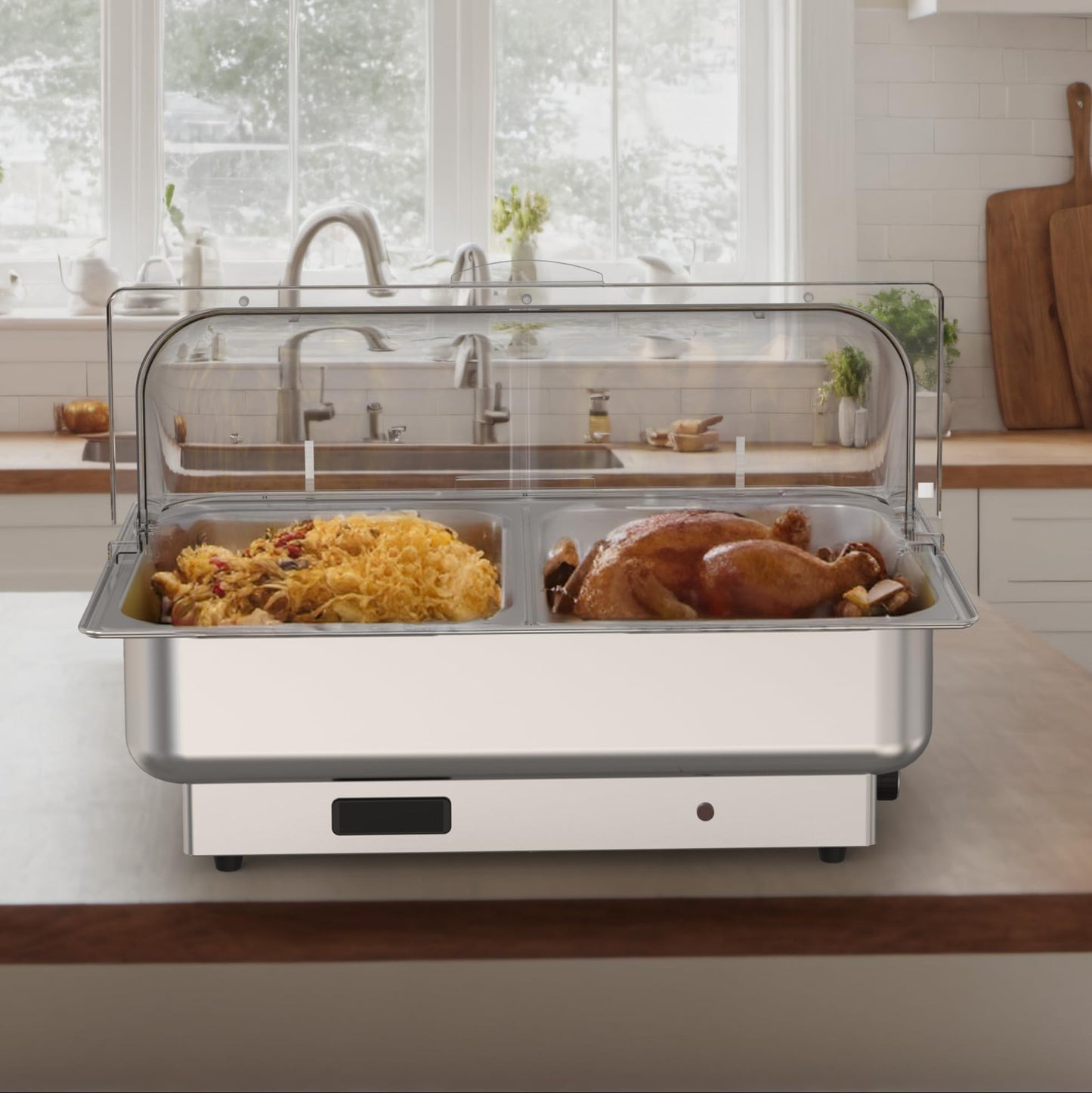 Garvee Electric Chafing Dishes 2 Pack Buffet Set,Roll Top Catering Chafer Server Food Warmer with Cover and 1 Full-size Pan & 2 Half-size Pans for Party Wedding Banquet