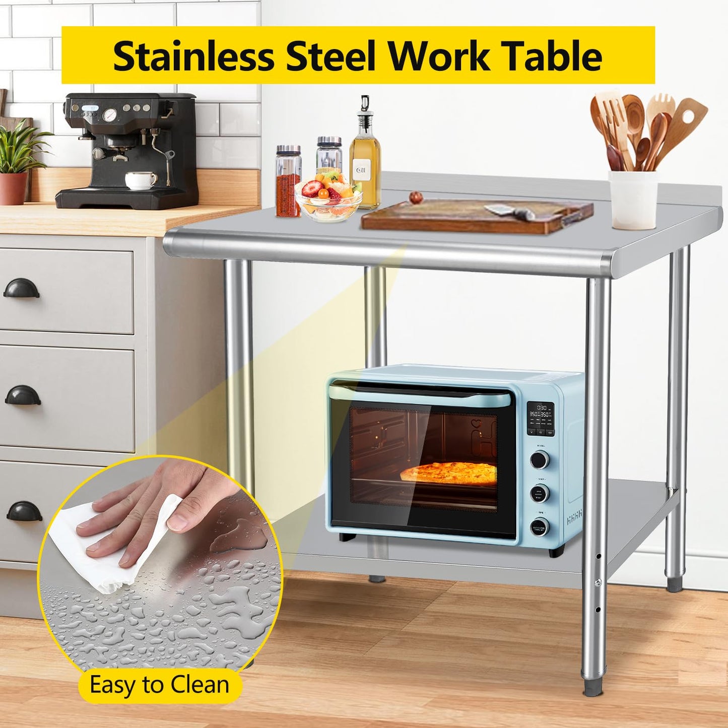 GARVEE 48"L x 24"W x 35"H Stainless Steel Prep Table - Commercial Heavy-Duty Work Table with Adjustable Undershelf and Backsplash for Kitchen, Restaurant, Home, and Hotel