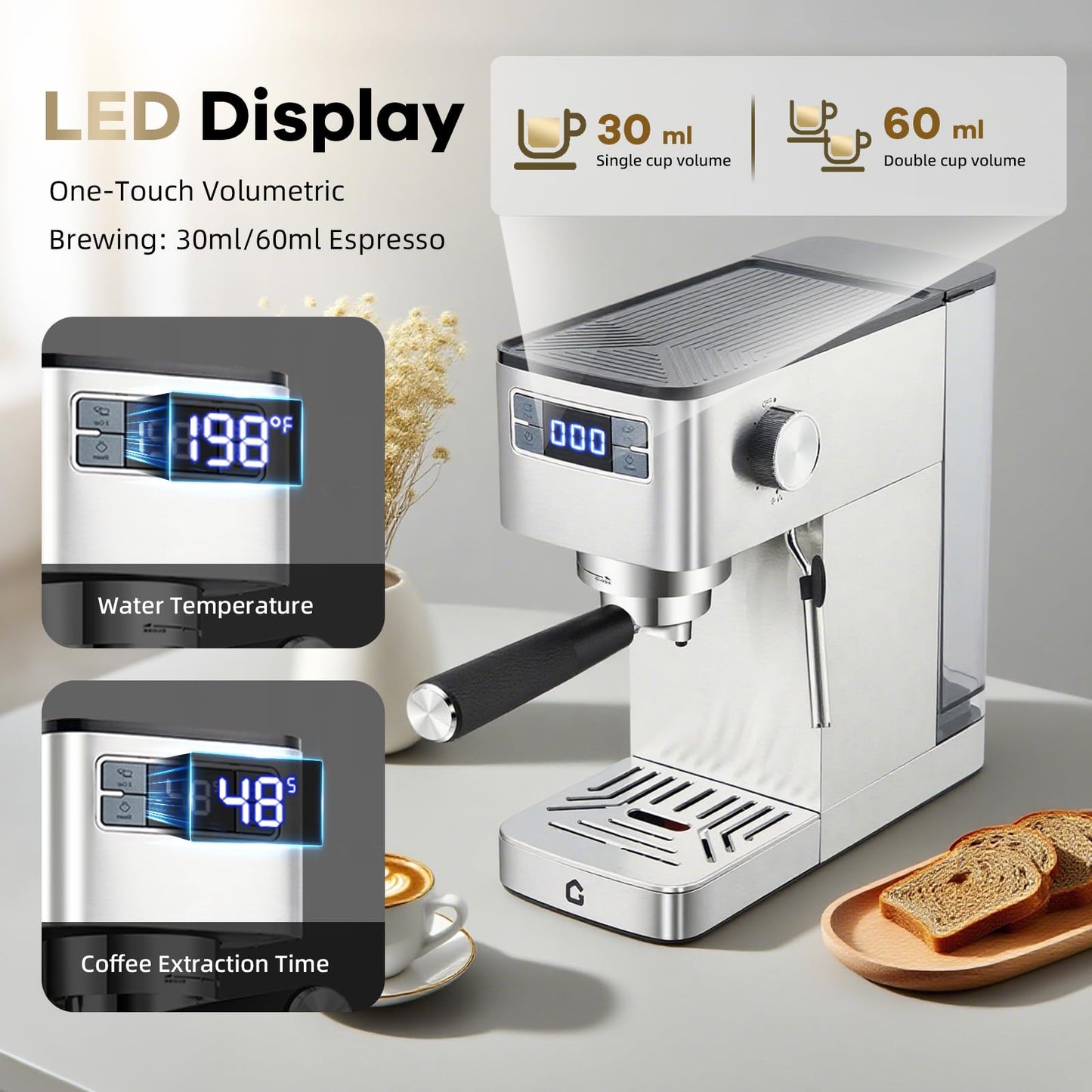 Garvee Compact 20 Bar Espresso Machine Stainless Steel, Steam Milk Frother, Removable Tank for Cappuccino/Latte,(Silver)