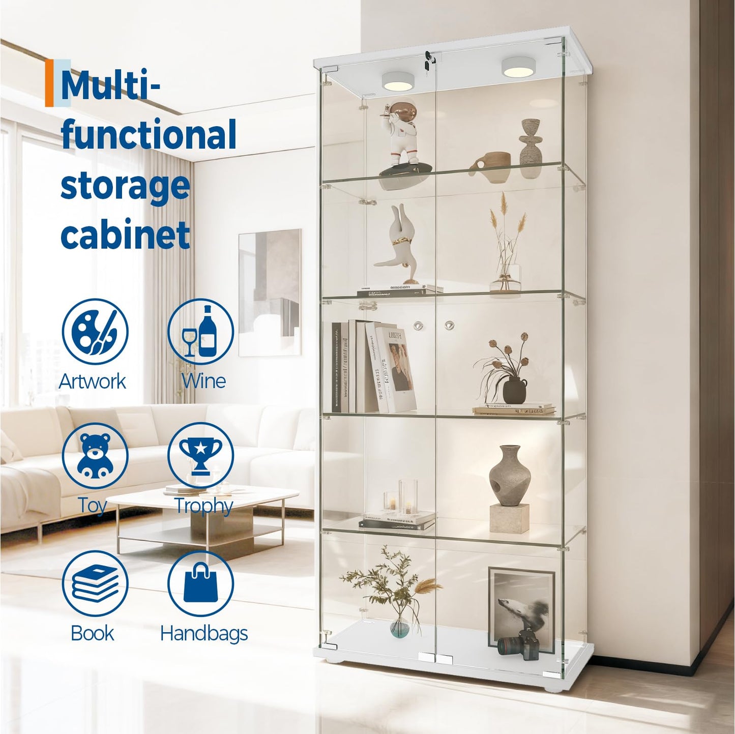 GARVEE Glass Display Case with LED Lights 32"L x 14"W x 74"H Tempered Glass Display Case, 5 Adjustable Lighted Bar Shelves with Lock, Slim Depth for Bar Bottle Storage, Living Room, Bedroom, or Office (White)