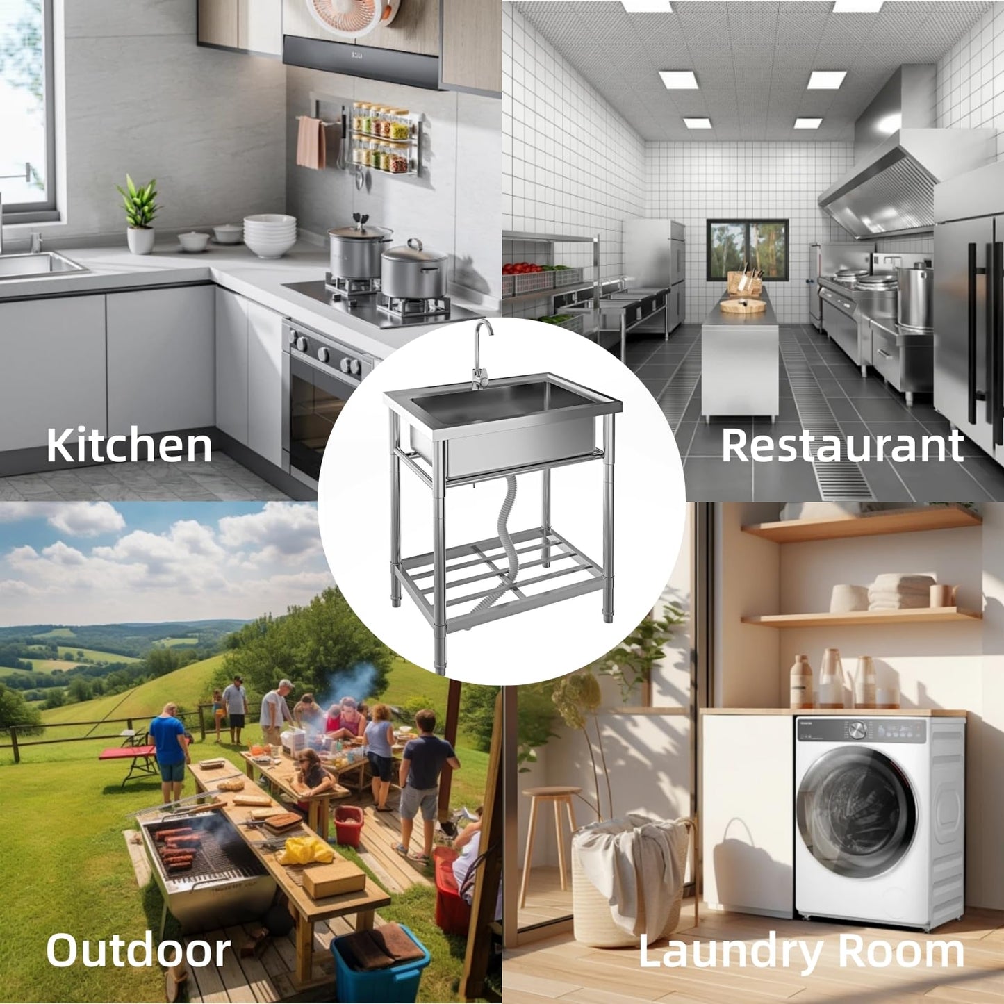 Garvee 20"D X 28"W X 34"H Free Standing Utility Sink Single Bowl Stainless Steel Commercial Kitchen Sink with Hot and Cold Water Pipes for Indoor and Outdoor Use