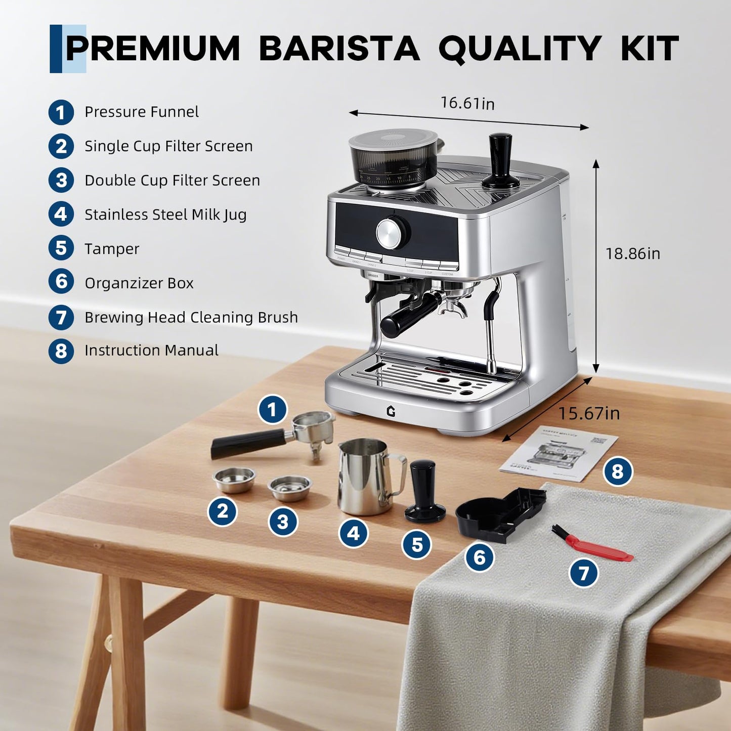 Garvee 20 Bar Pressure Espresso Machine with Grinder, Milk Frother for Home/Office, 1.5L Removable Tank, Silver