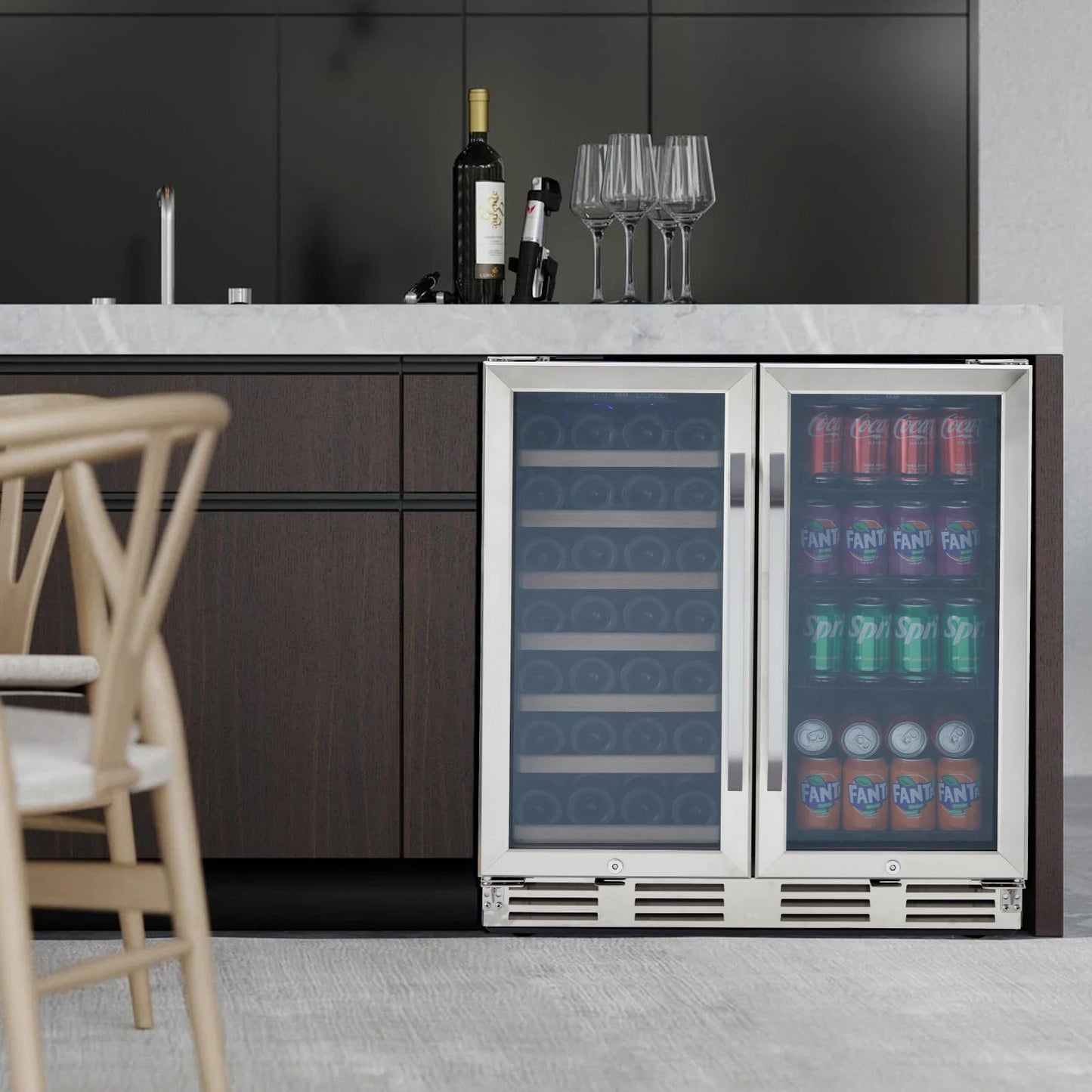 Garvee 30 Inch Wine and Beverage Refrigerator Dual Zone with Digital Temperature Control Safety Locks, Hold 33 Bottles and 100 Cans for Kitchens Bar