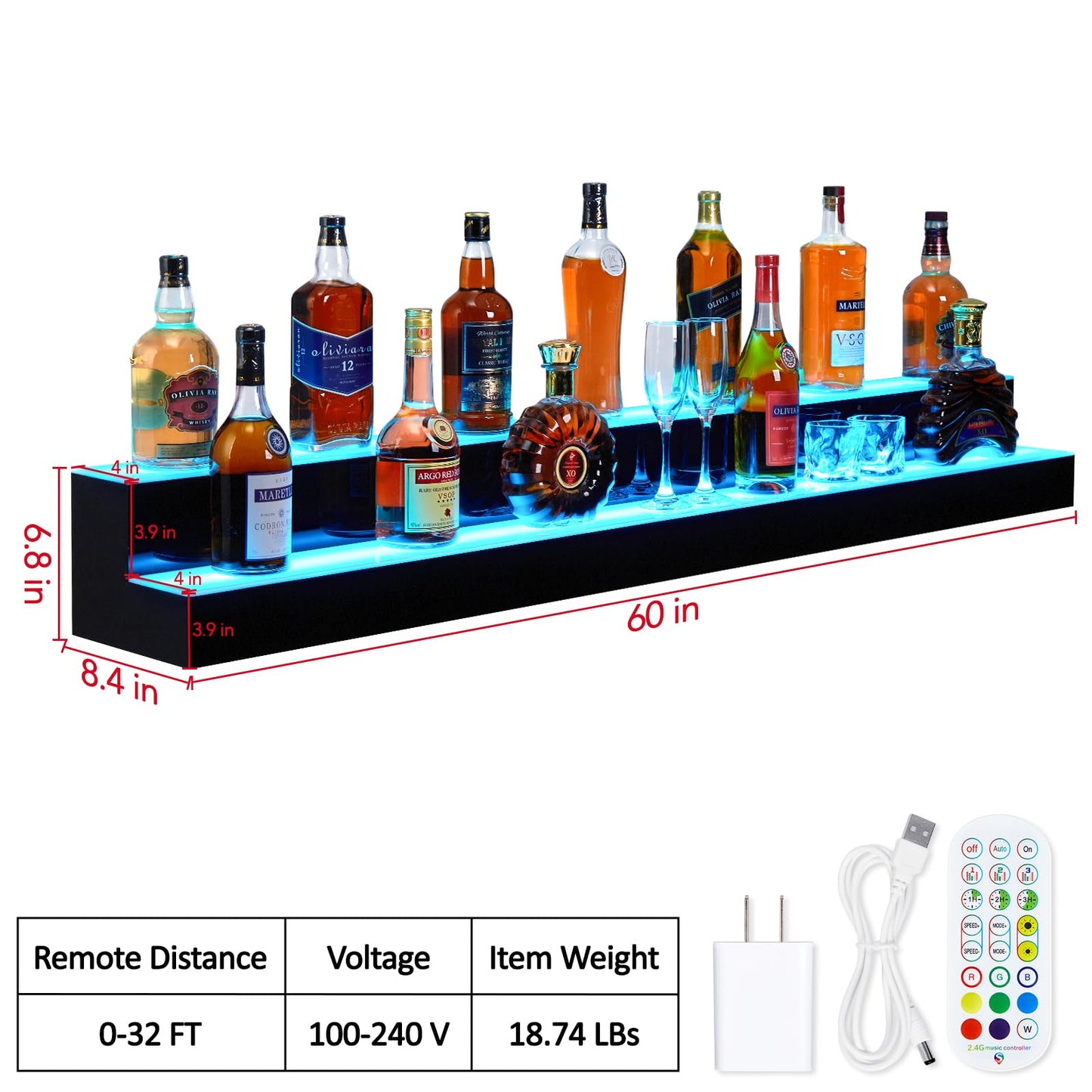 Garvee LED Lighted Liquor Bottle Display Shelf, 2 Tiers, 60 Inches, Remote & App Control, Acrylic, 16 Colors, 4 Modes, Home & Bar Use