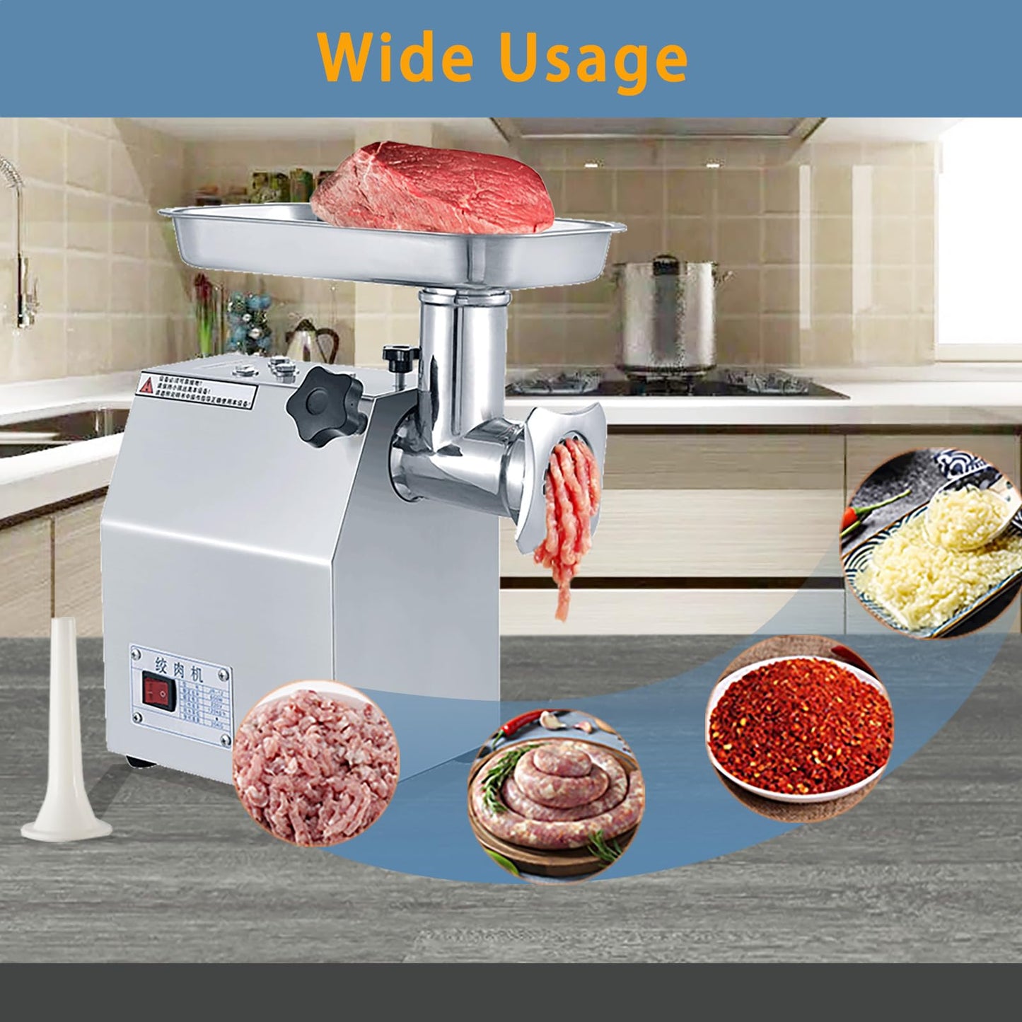 GARVEE Commercial Meat Grinder - 800W Max, Heavy-Duty Stainless Steel Electric Grinder, 265 lbs/H with 2 Blades, 2 Plates, and Sausage Stuffer Tube for Home Kitchen