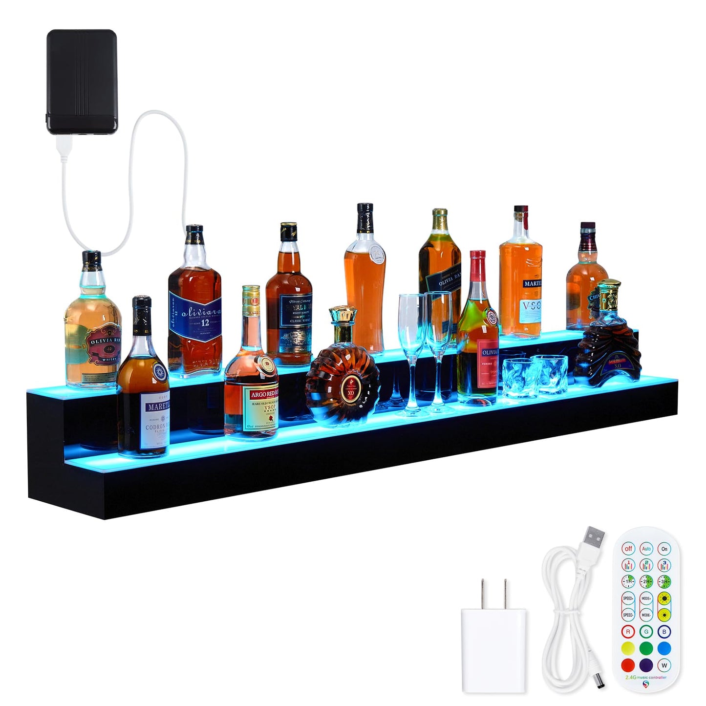 Garvee LED Lighted Liquor Bottle Display Shelf, 2 Tiers, 60 Inches, Remote & App Control, Acrylic, 16 Colors, 4 Modes, Home & Bar Use