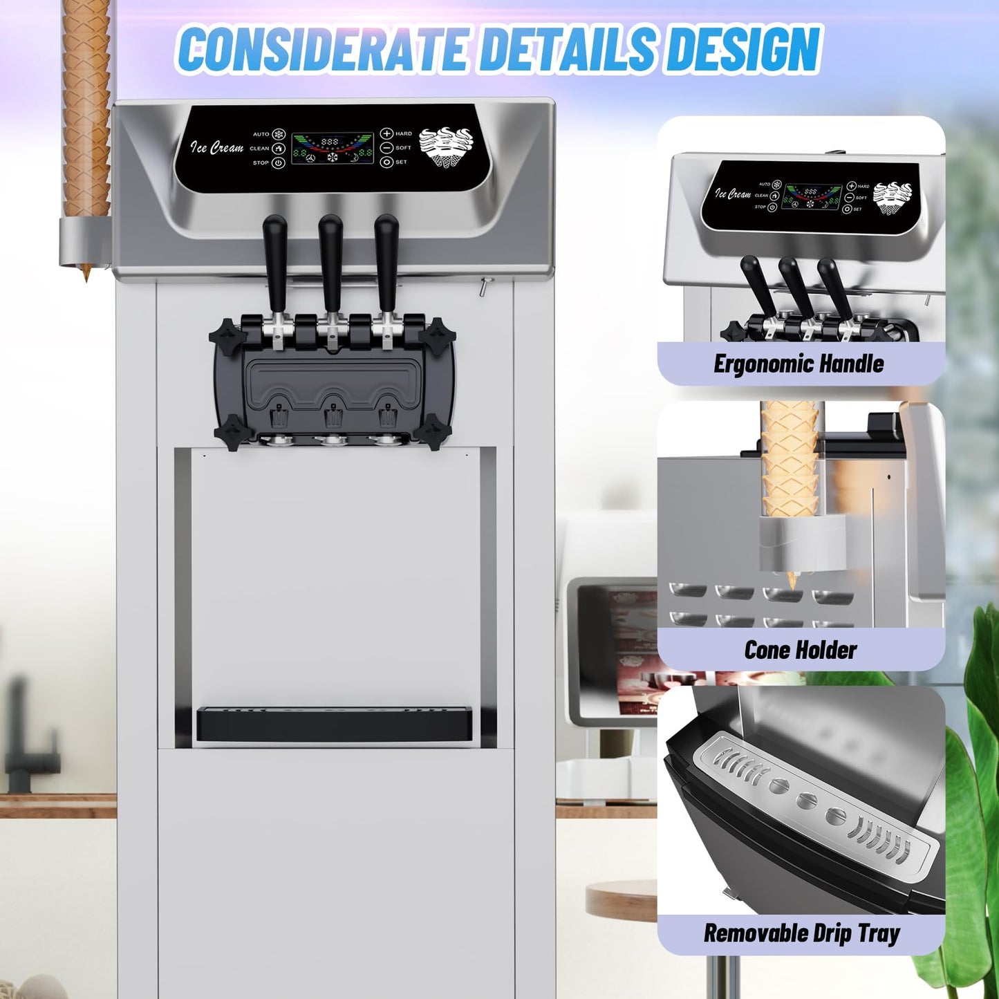 Garvee Commercial Soft Ice Cream Machine 3 Flavors Clean Led Panel Perfect for Restaurants Snack Bar Supermarkets 2200W (Without Pre-Chill)