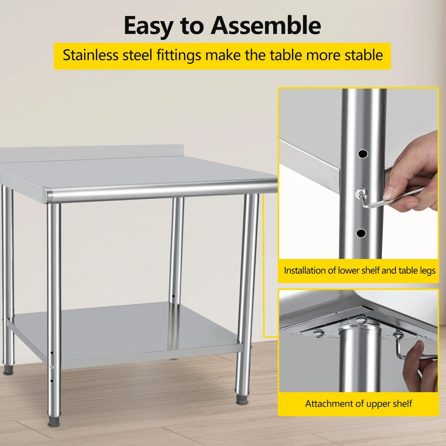 GARVEE 48"L x 24"W x 35"H Stainless Steel Prep Table - Commercial Heavy-Duty Work Table with Adjustable Undershelf and Backsplash for Kitchen, Restaurant, Home, and Hotel