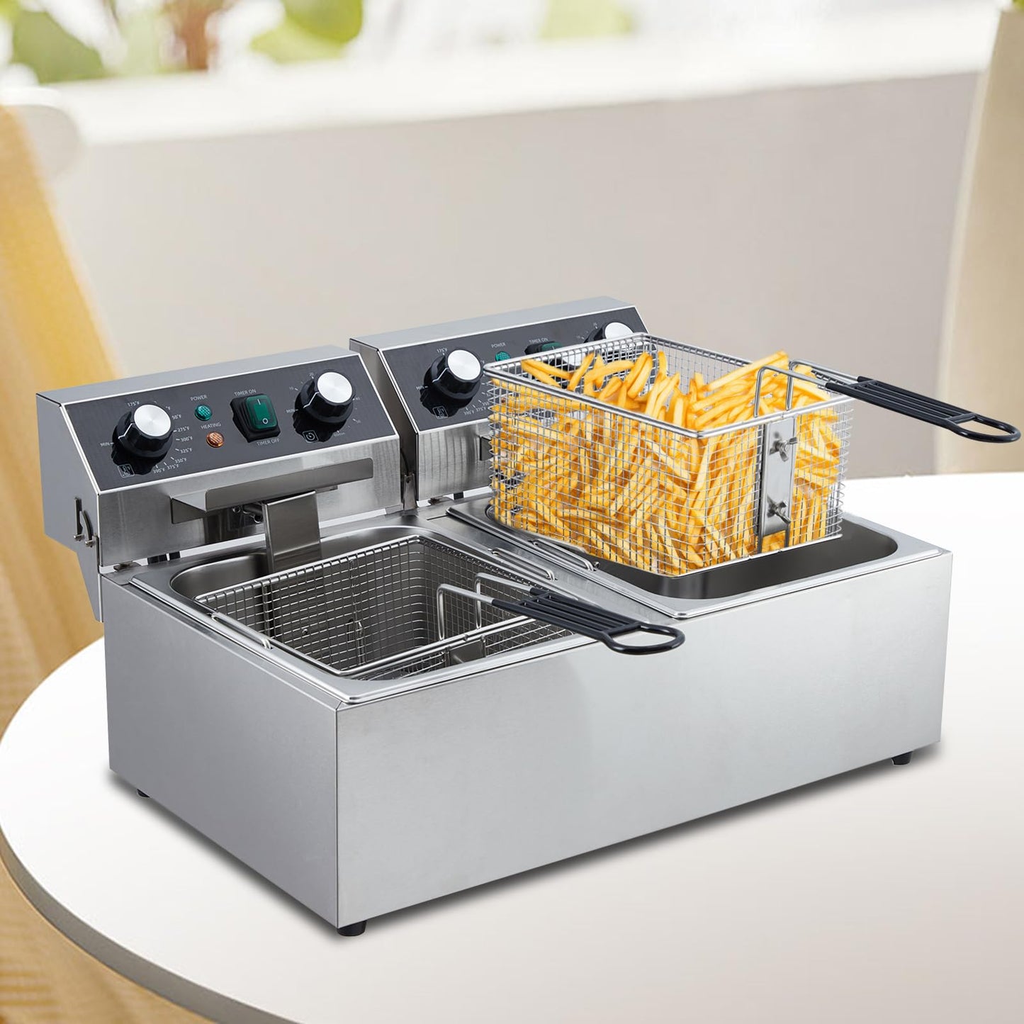 Garvee 3600 Watts Dual 10L+10L Electric Deep Fryer with Basket - Stainless Steel Commercial Fryer with Timer & Temp Control, Easy-Clean (110V)