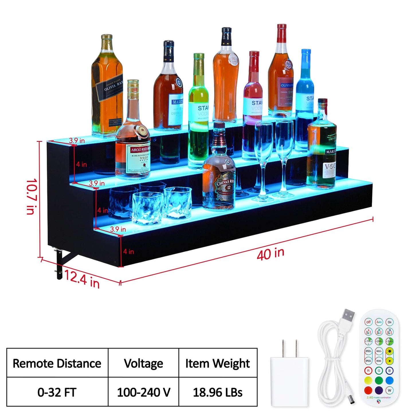 Garvee Led Lighted Liquor Bottle Shelf, 3 Tiers 40 Inches Led Bar Display Shelf With Remote & App Control, 16 Colors, 4 Modes, 1-8 H Timing, Bar Lights for Liquor Shelves