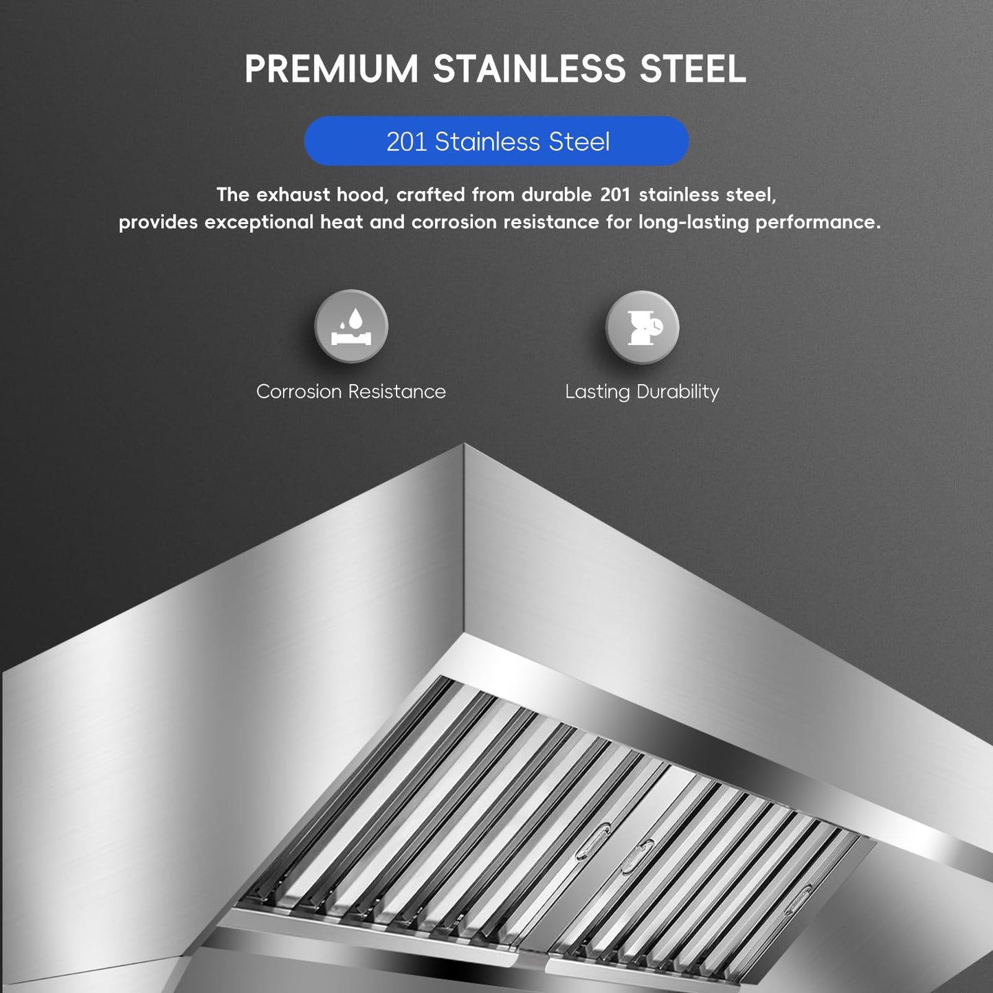 Garvee Commercial Exhaust Hood 4FT Rust Resistant 201 Stainless Steel with 2 Detachable U-shaped Grid Oil Filter Mesh for Kitchen Restaurant