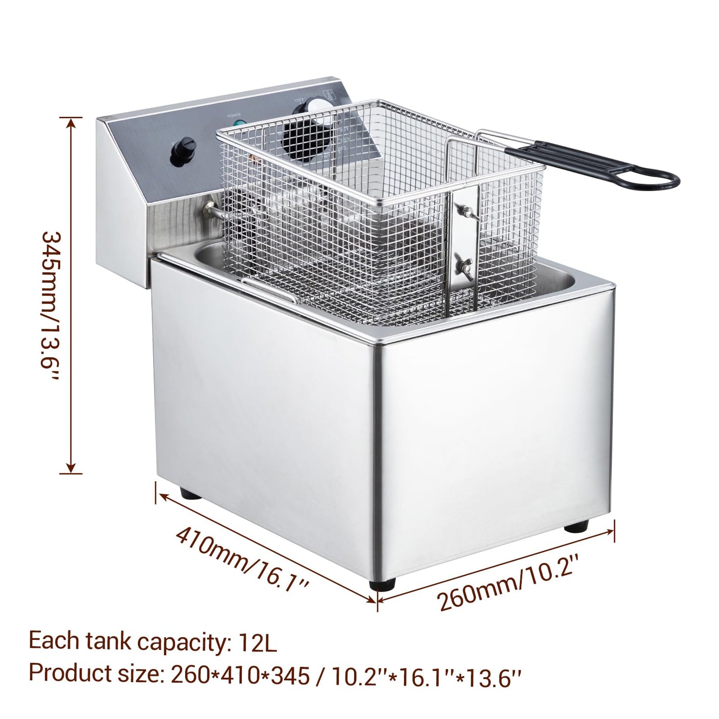 Garvee 12L 1800W Commercial Electric Deep Fryer - Stainless Steel Countertop Fryer with Basket & Lid for Home/Restaurant (110V)
