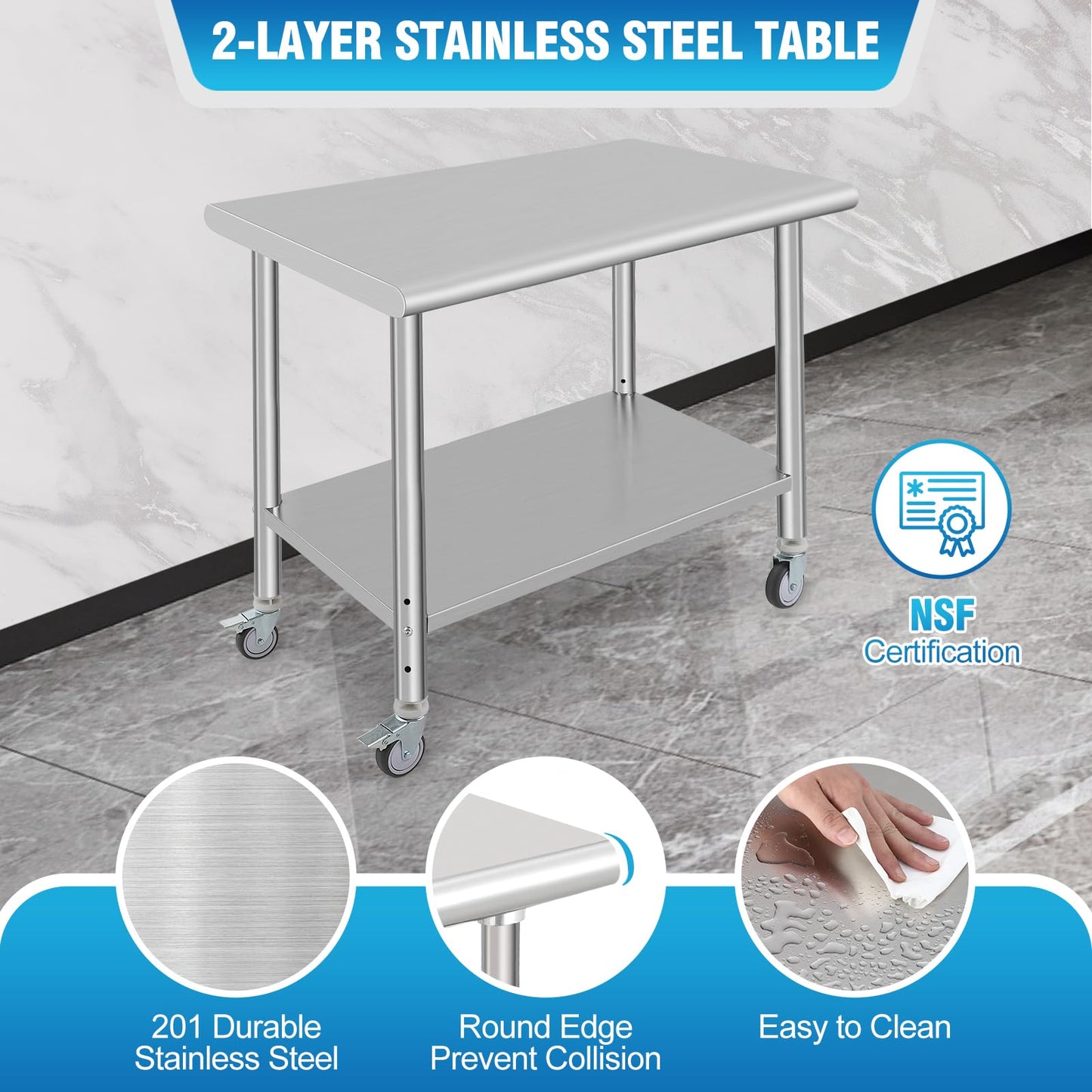 GARVEE 36"L x 24"W x 35"H Stainless Steel Prep Table - NSF Certified Heavy-Duty Commercial Kitchen Table with 4 Wheels and Undershelf for Outdoor Cooking, Dining Room, Garage, Laundry Room, and Kitchen