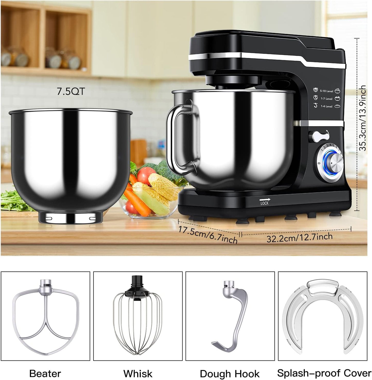 Garvee 7.5 QT Professional Electric Stand Mixer - 660W 10-Speed Kitchen Mixer with Stainless Steel Bowl, LED Light, and Dishwasher-Safe Accessories- Black
