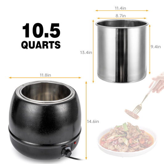 Garvee 10.5QT Commercial Soup Kettle Warmer with Hinged Lid and Detachable Stainless Steel Insert Pot for Restaurant and Big Family - Black
