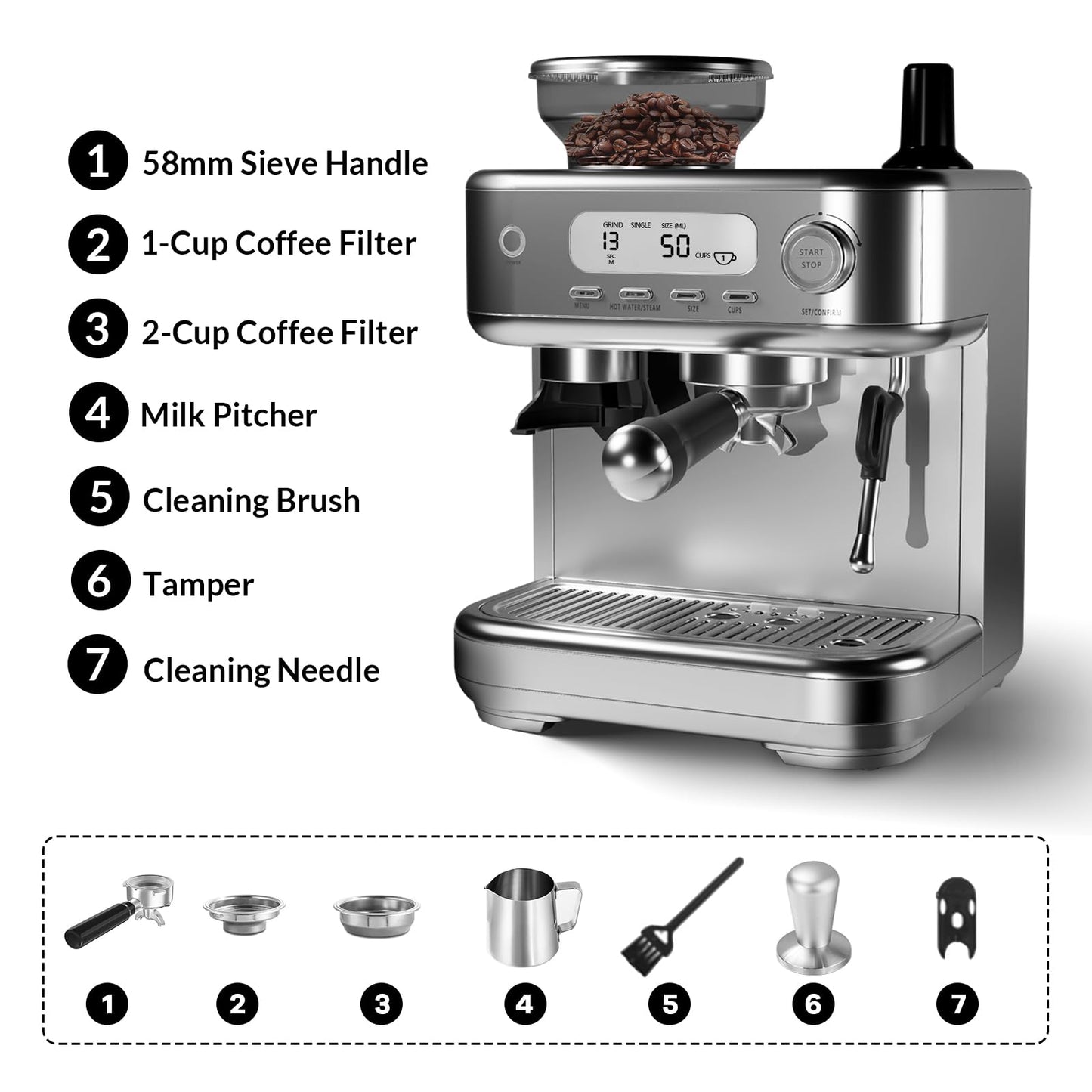 GARVEE 15-Bar All-in-One Espresso Machine with Built-In Grinder - Professional Coffee and Espresso Maker for Cappuccino and Latte, Semi-Automatic with 77 Oz Removable Water Tank, Silver