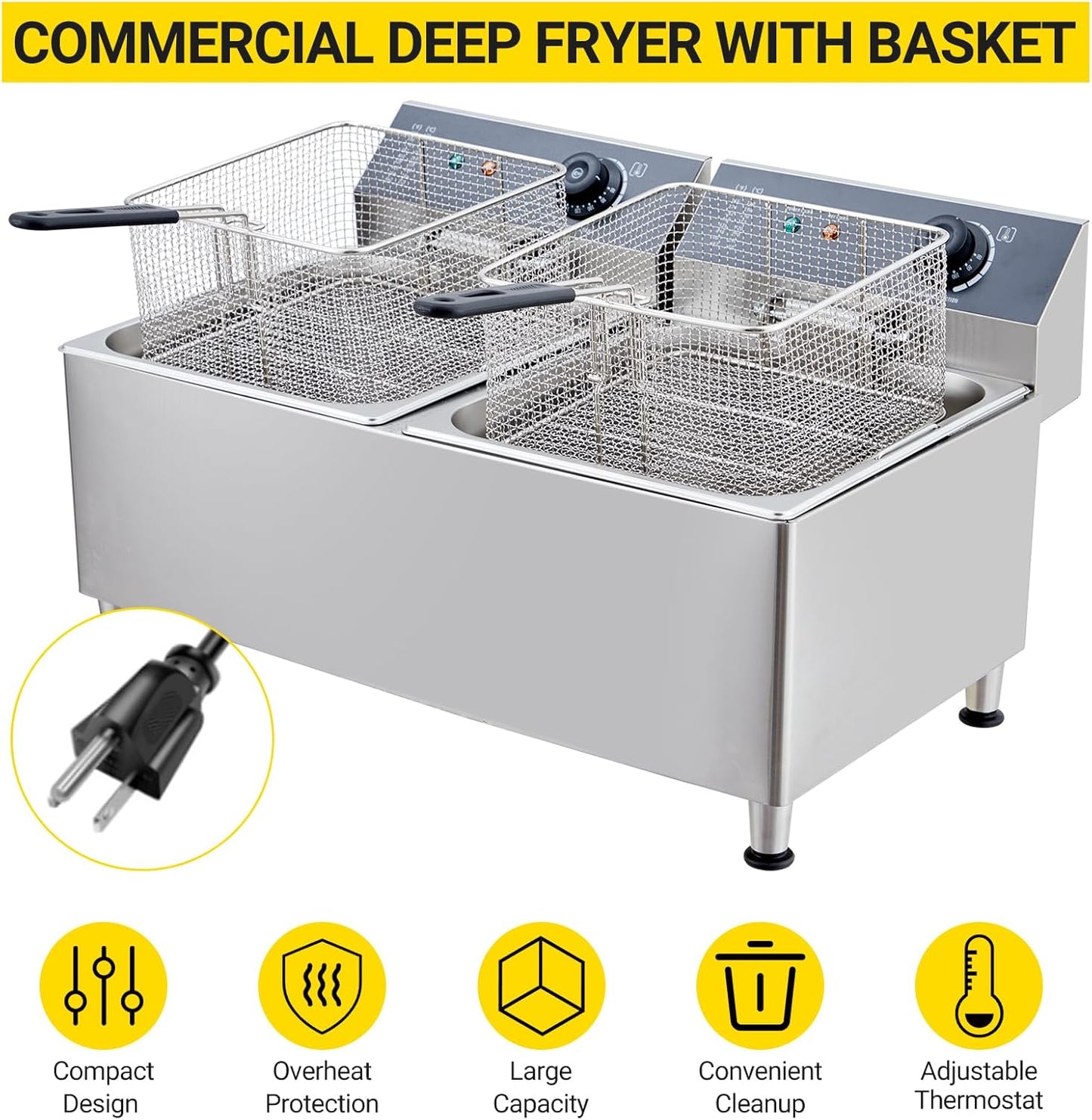 Garvee 22L Electric Countertop Fryer Stainless Steel Deep Fryers, for Restaurant Home Use with Extra Large Frying Basket and Lid