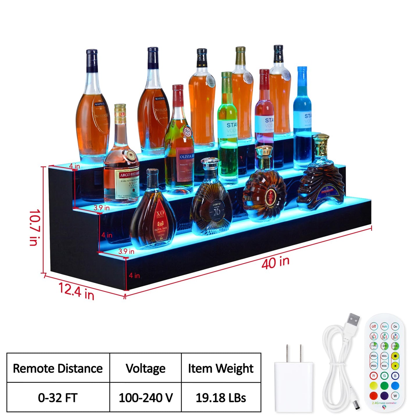 Garvee LED Lighted Liquor Bottle Shelf for Bar | 3-Tier 40-Inch with Remote & App Control | 4 Modes, 16 Colors for Liquor Display