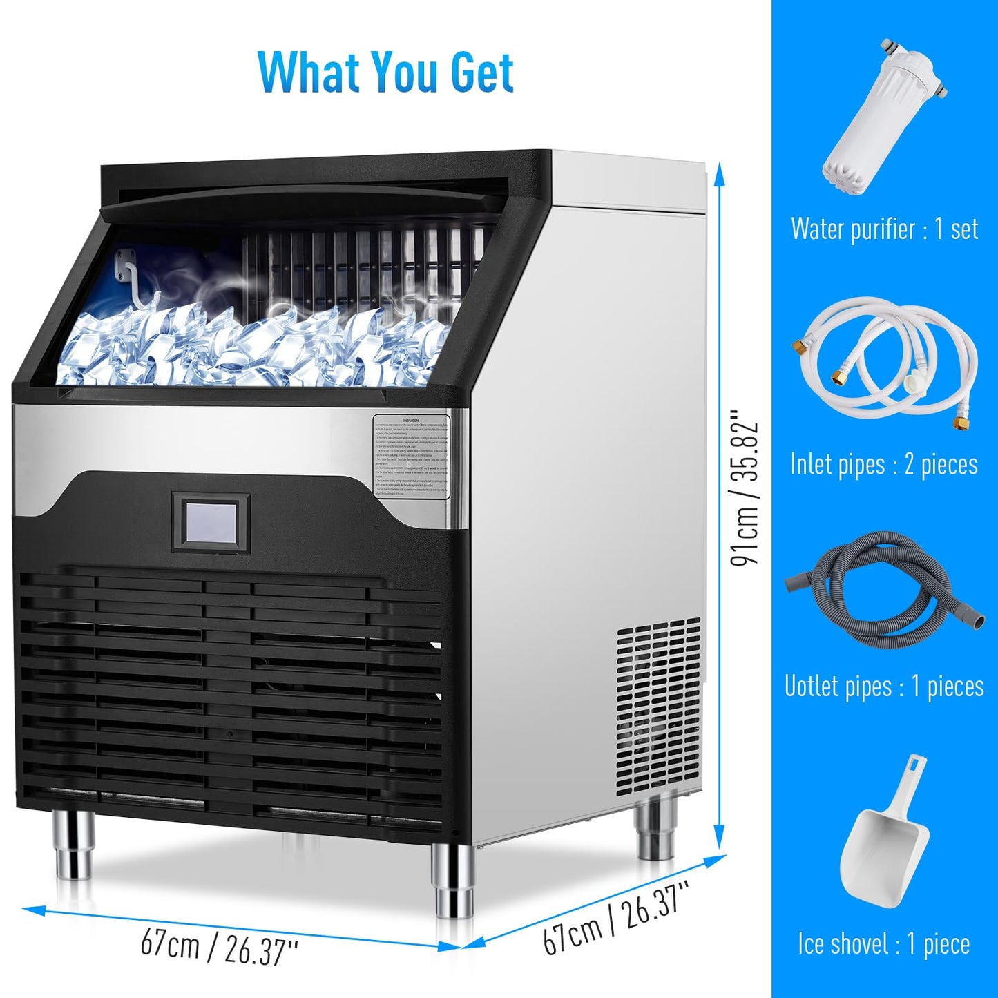 Garvee 160 lbs/24H Commercial Ice Maker – Stainless Steel Under Counter Machine with 88 lbs Ice Storage, Self-Cleaning, Quiet 433W Compressor, Smart LCD Control & Water Filtration for Bar & Restaurant