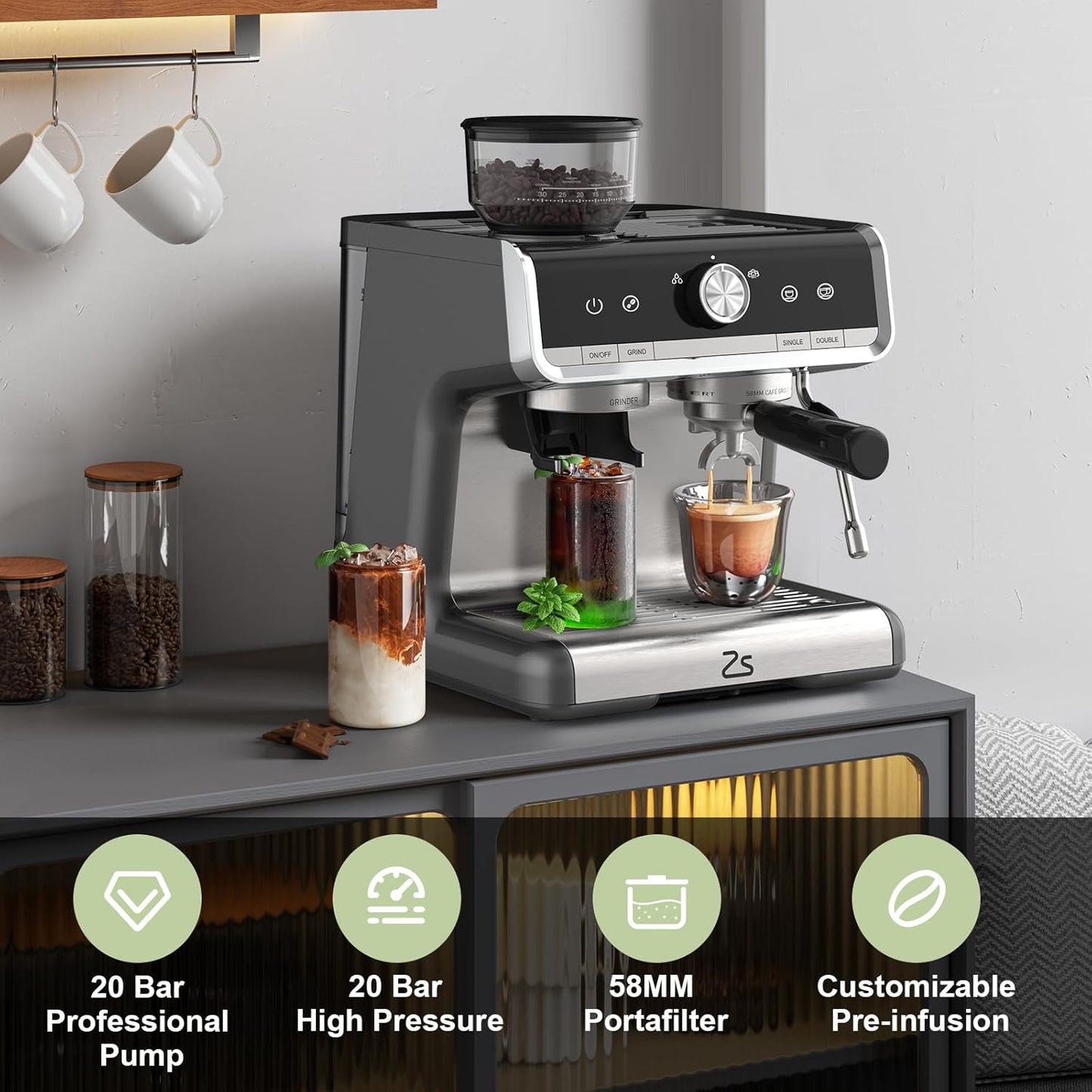 Garvee 1450W 120V 20 Bar Espresso Machine with Steam Wand, Fast Heat,Built-In Bean Grinder,for Home Barista, Gifts for Dad,Mom,Coffee Lover- Gray