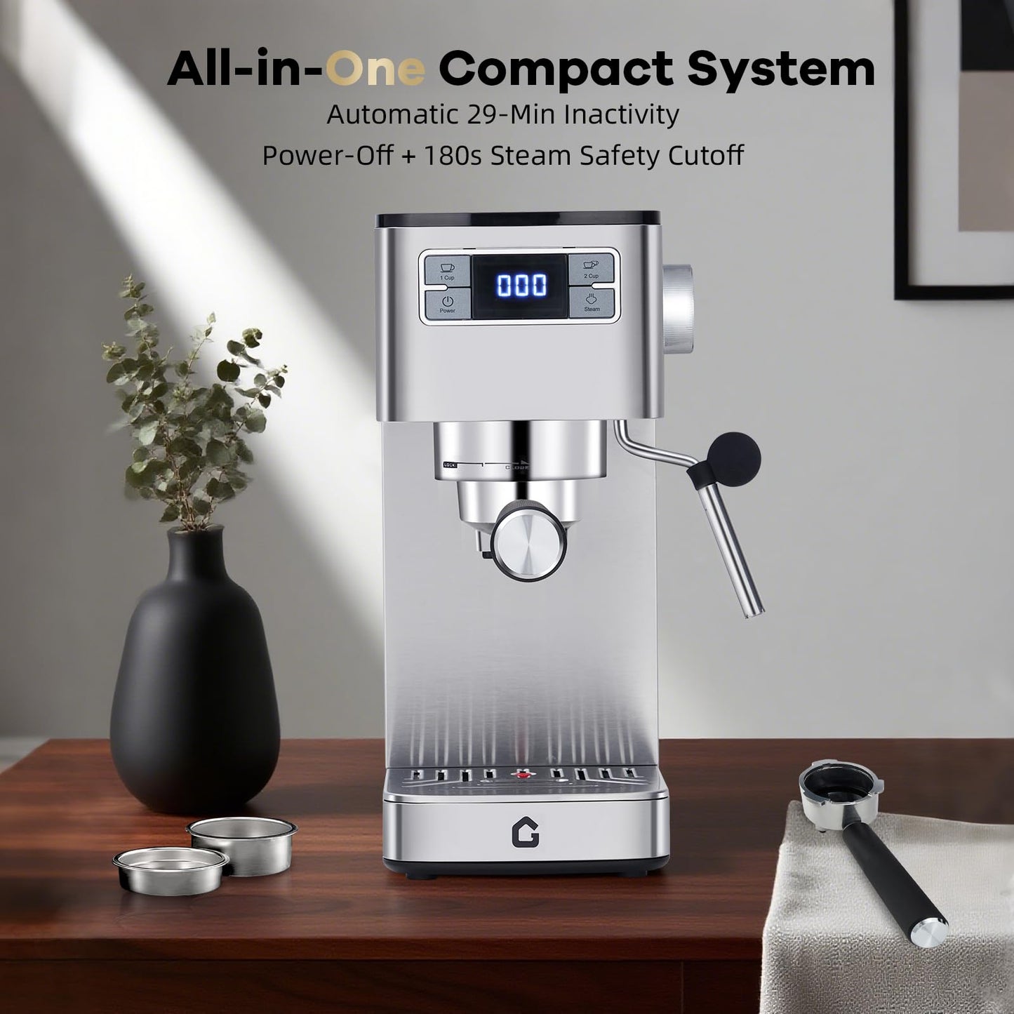 Garvee Compact 20 Bar Espresso Machine Stainless Steel, Steam Milk Frother, Removable Tank for Cappuccino/Latte,(Silver)