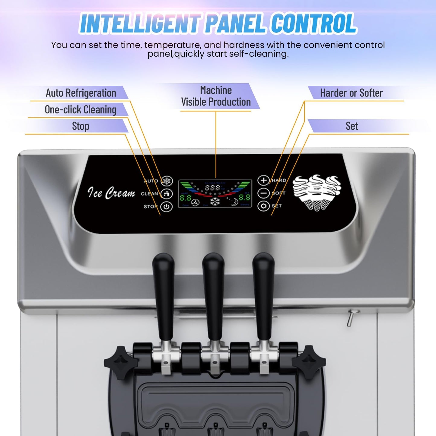 Garvee Commercial Soft Ice Cream Machine 3 Flavors Clean Led Panel Perfect for Restaurants Snack Bar Supermarkets 2200W (Without Pre-Chill)