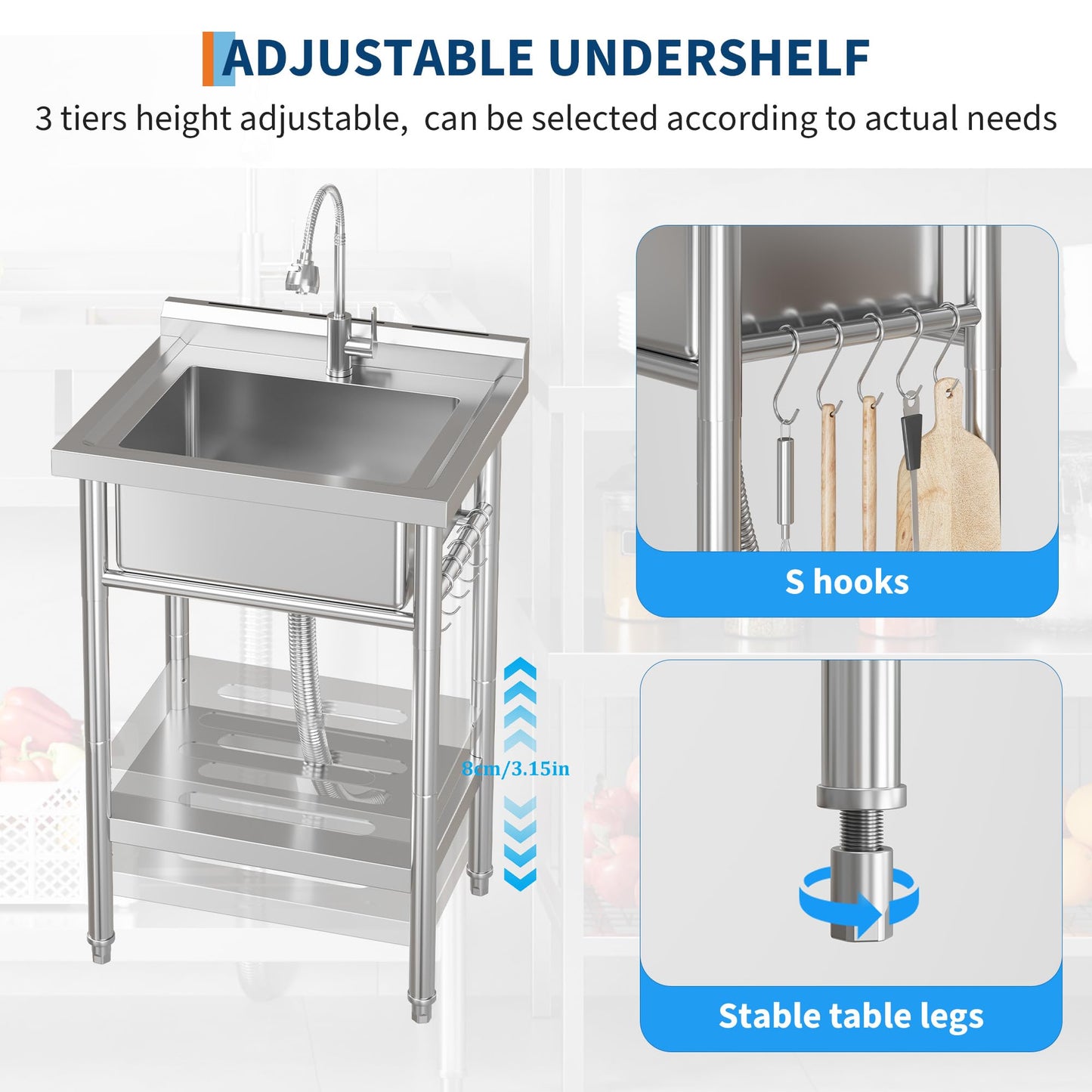 Garvee 19"D X 23"W X 35"H Small Stainless Steel Utility Sink With Hot & Cold Water Faucet, Commercial Freestanding Single Bowl Kitchen Sink, Silver