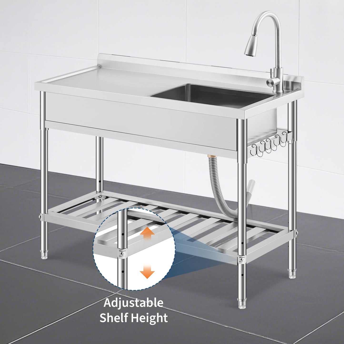 Garvee 47"W X 20"D X 37"H Freestanding Stainless Steel Utility Sink with Workbench, Adjustable Legs, Storage Shelf, Knife Holder for Commercial Kitchen, Silver