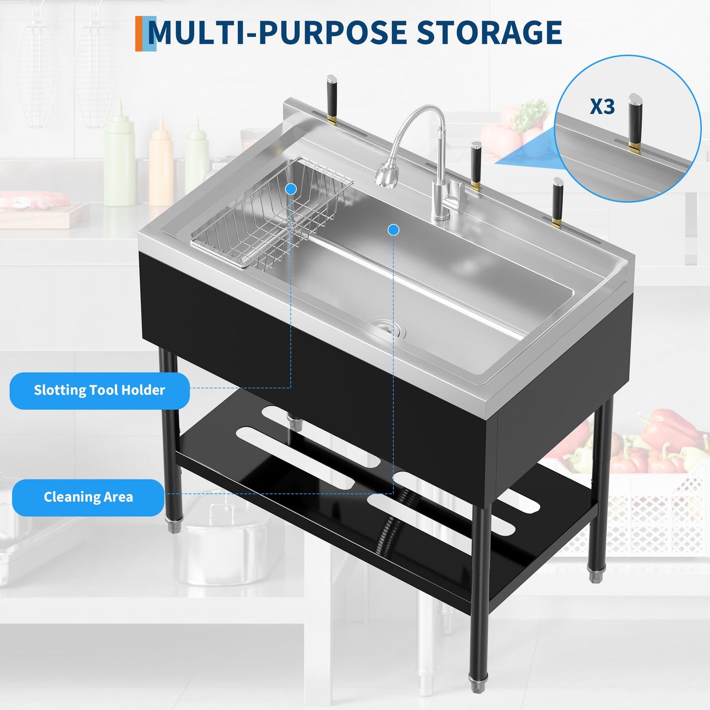 Garvee 20"D X 36"W X 35.5"H Commercial Stainless Steel Utility Sink, Black, Freestanding Kitchen Sink with Hot & Cold Water Faucet for Indoor and Outdoor Use