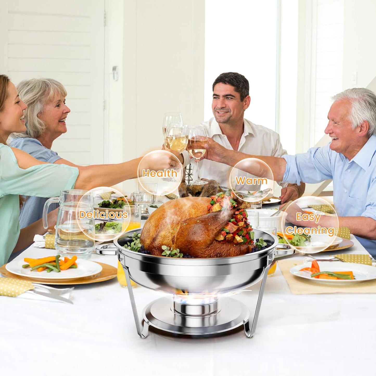 Garvee 5QT Chafing Dish Buffet Set of 6 Pack, Round Stainless Steel Food Warmers Buffet Servers Sets, Chafer with Food & Water Pan, Lid, Frame, Fuel Holder for Catering and Parties