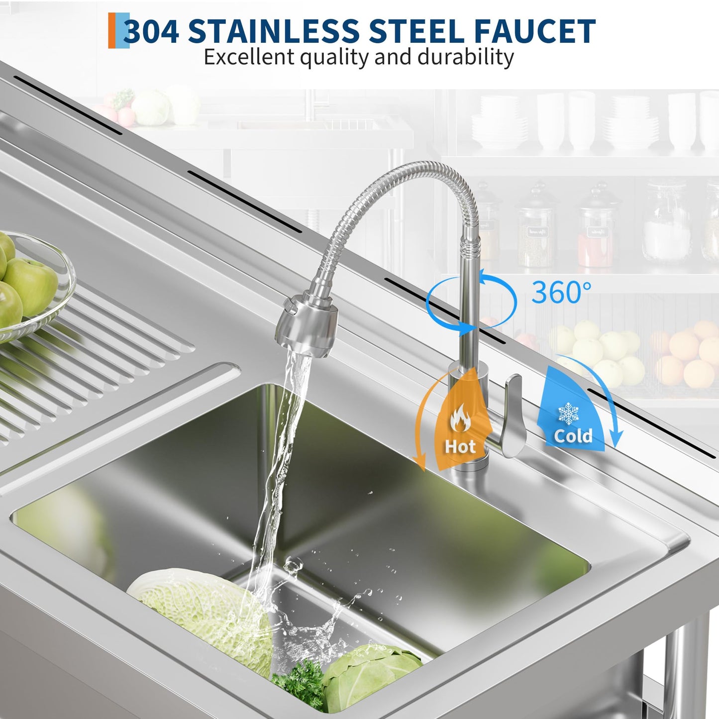 Garvee 20"D X 40"W X 39"H Stainless Steel Laundry Utility Sink, Freestanding Single Bowl Kitchen Sink with Hot & Cold Water Faucet, Built-In Wash Board, Drawer, Drain Basket, Dish Rack for Laundry Room, Garage, Durable Rust-Resistant