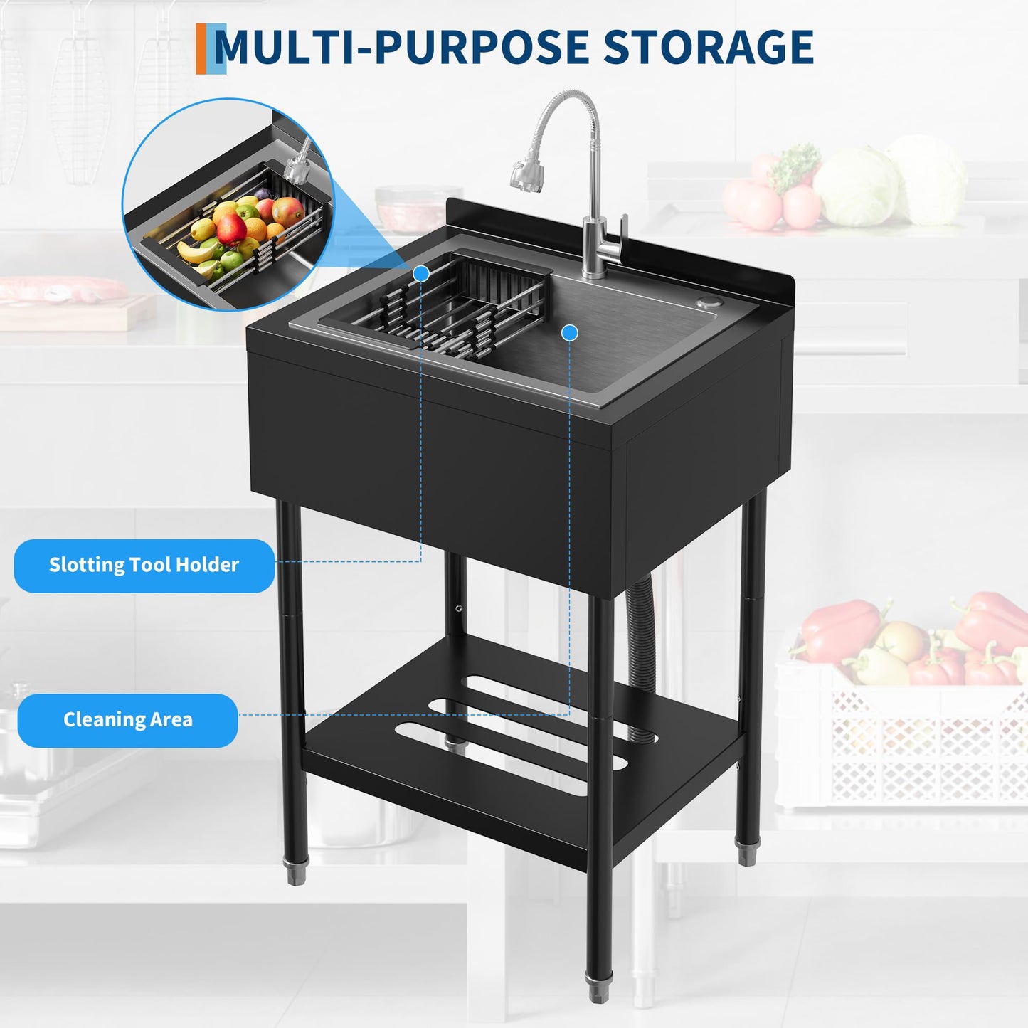 Garvee 21"D X 26"W X 40"H Commercial Stainless Steel Utility Sink With Hot & Cold Water Faucet, Drain Basket For Indoor & Outdoor Use, Black