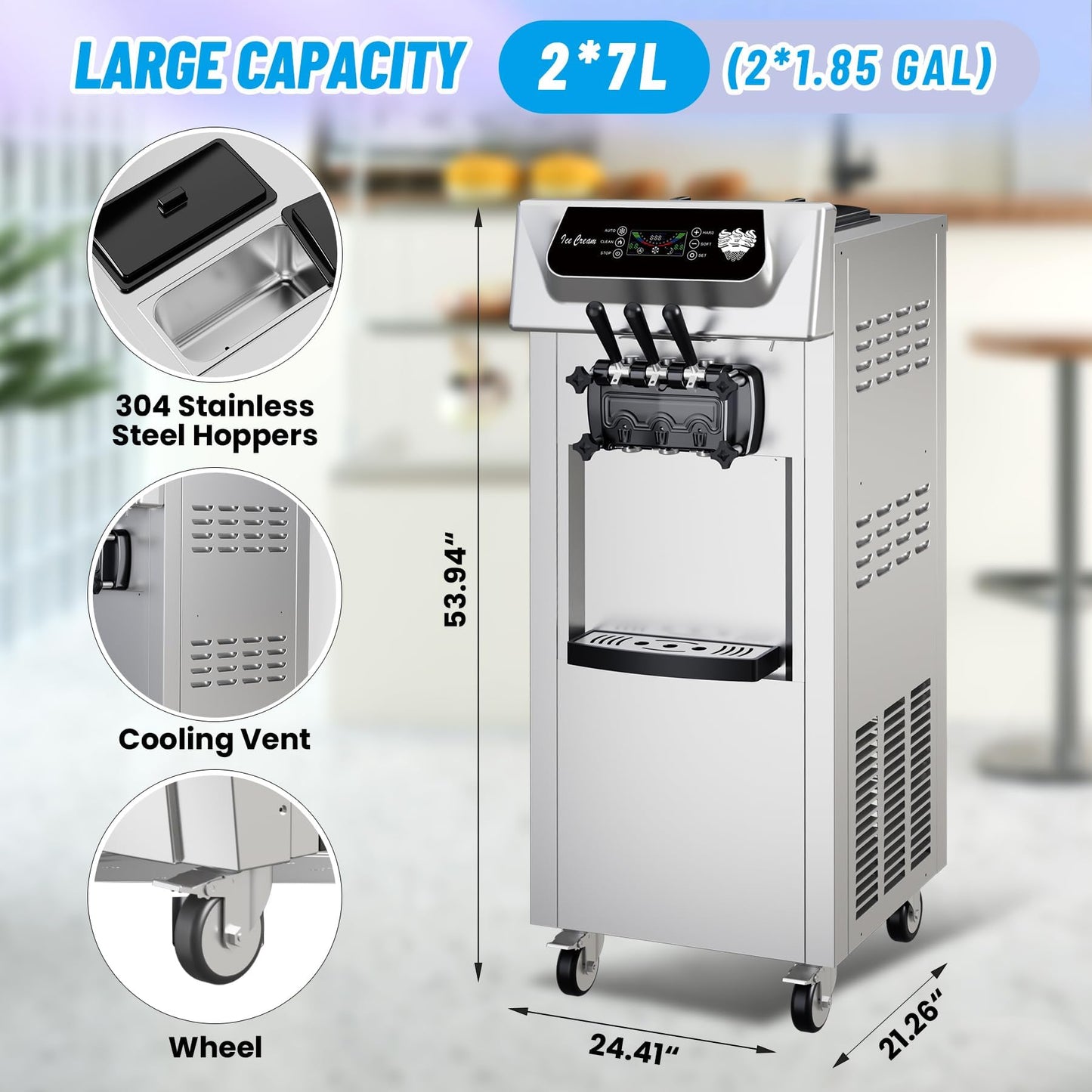 Garvee Commercial Soft Ice Cream Machine 3 Flavors Clean Led Panel Perfect for Restaurants Snack Bar Supermarkets 2200W (Without Pre-Chill)