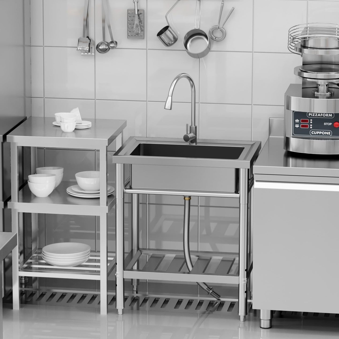 Garvee 28"W x 20"D x 34"H Freestanding Stainless Steel Single Bowl Kitchen Sink - 360° Rotating Faucet, Storage Shelf, Adjustable Legs, and Hot & Cold Hoses for Commercial Use