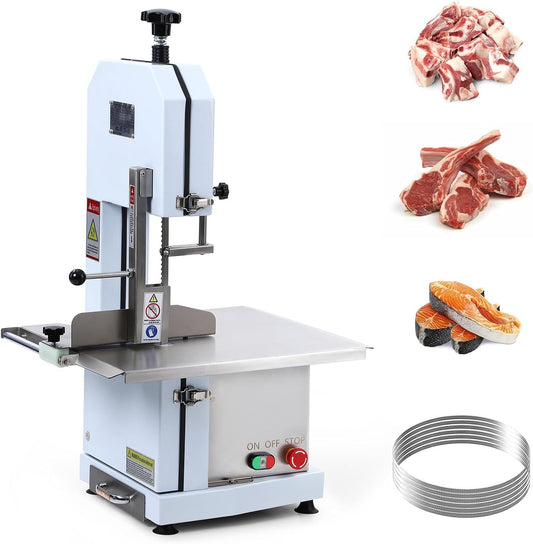 Garvee Commercial Electric Meat Bandsaw, 1100W Bone Saw Machine, 0.39～6.6 Inches Cutting Thickness with 6 Saw Blades, Meat Bandsaw Butchering with Workbench Width of 20.86 x 17.52 Inches
