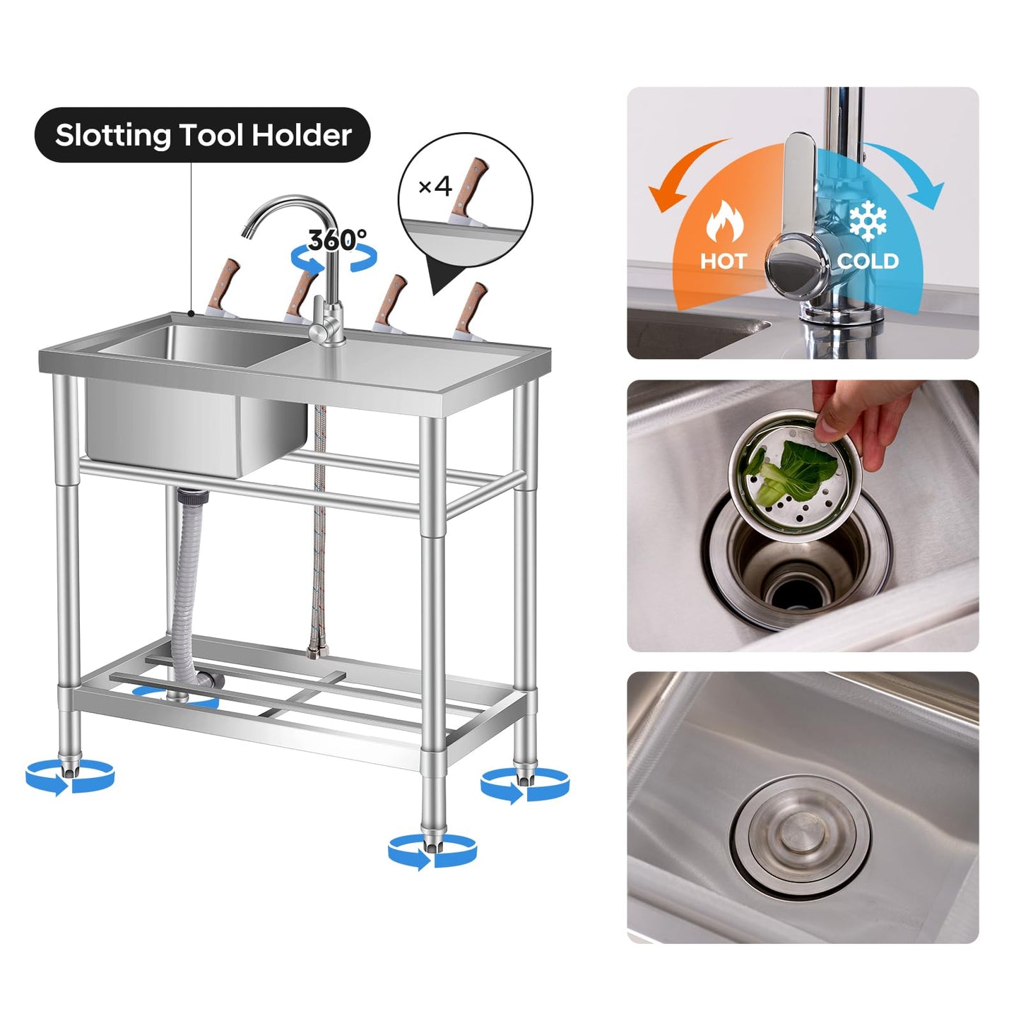 Garvee 16"D x 30"W x 30"H Stainless Steel Utility Sink Free Standing Single Bowl Commercial Kitchen Faucet Indoor Outdoor