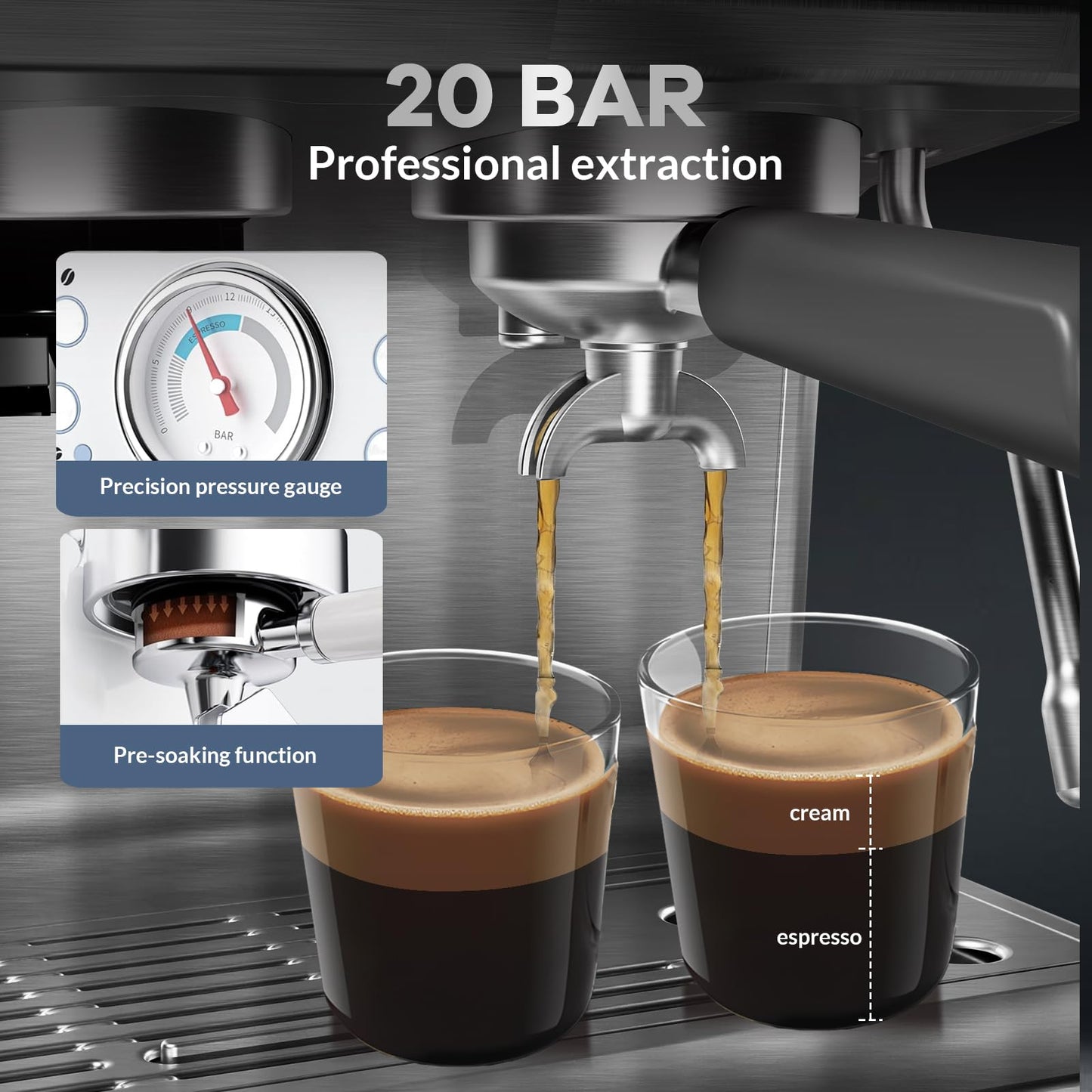 Garvee 20 Bar Espresso Machine - 1500W Motor, Built - In 30 - Setting Grinder, Milk Frothing, PID, 2.8L Tank