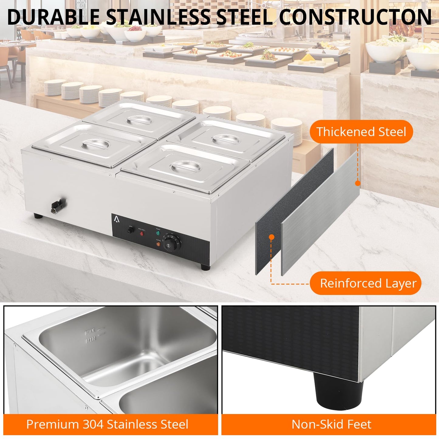 Garvee Commercial Food Warmer 4 Pan, 4x12QT Bain Marie Buffet Server and Warmer, Stainelss Steel Electric Steam Table with Lids & Ladles for Buffet Catering Parties Restaurants, Silver