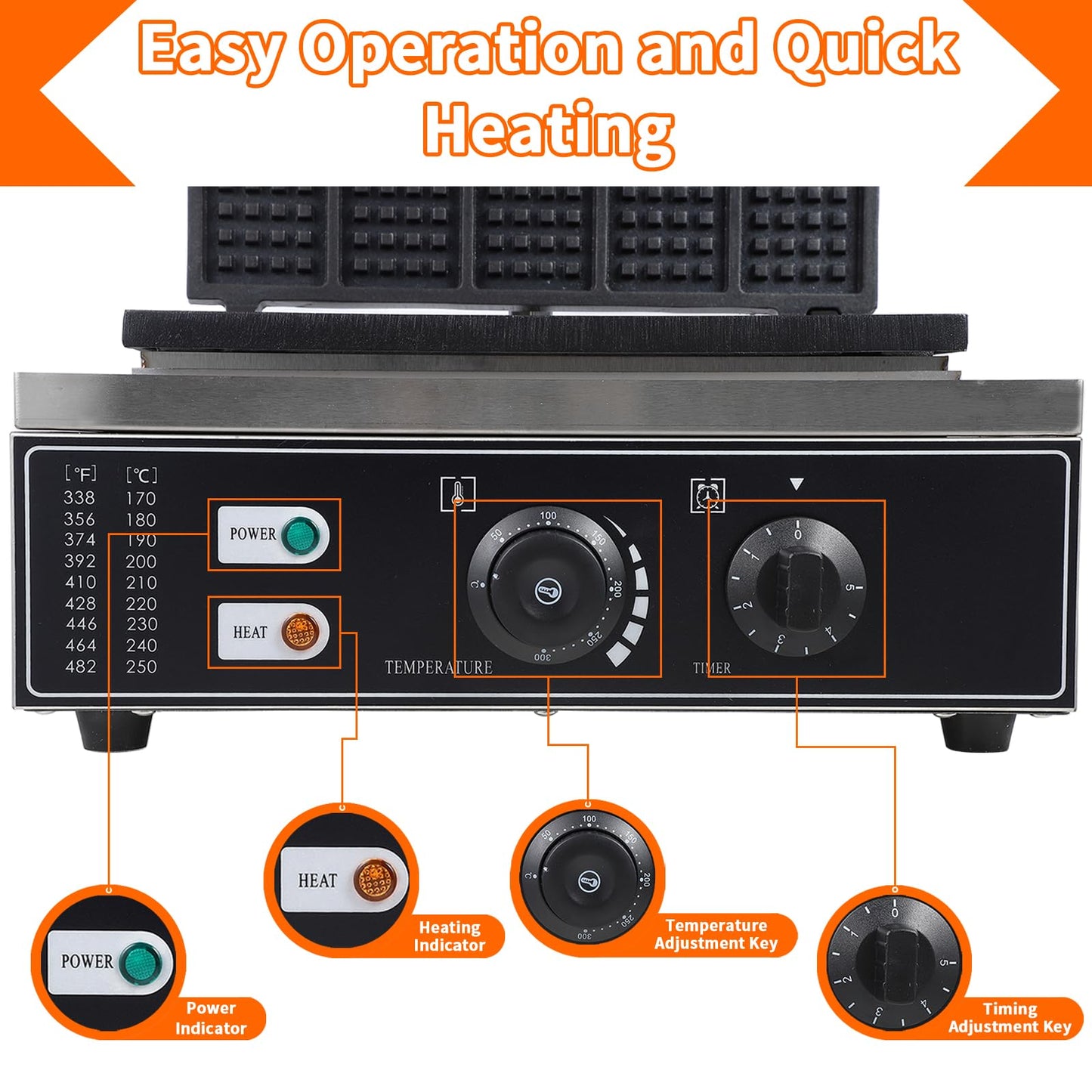 Garvee Commercial Rectangle Waffle Maker -10pcs Nonstick Electric Waffle Maker Machine Stainless Steel 110V Temperature and Time Control Heart Belgian Waffle Maker Suitable for Restaurant Snack Bar