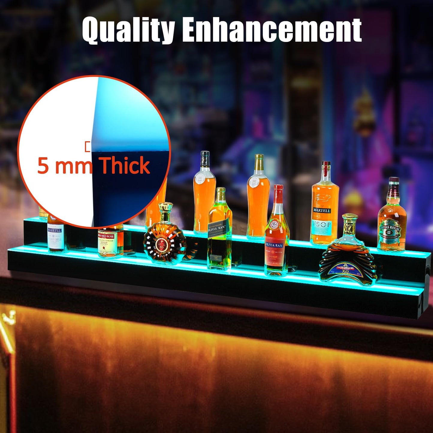 Garvee LED Lighted Liquor Bottle Display Shelf, 2 Tiers, 60 Inches, Remote & App Control, Acrylic, 16 Colors, 4 Modes, Home & Bar Use
