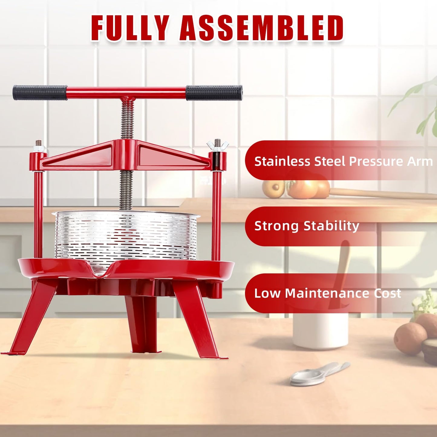 Garvee 1.32 Gal/5L Capacity Stainless Steels Fruit Wine Press and Juice Maker, Ideal for Wine, Cider, Apple, Tincture, Vegetables, Honey, Olive Oil Features T-Handle, Stable Triangular Structure