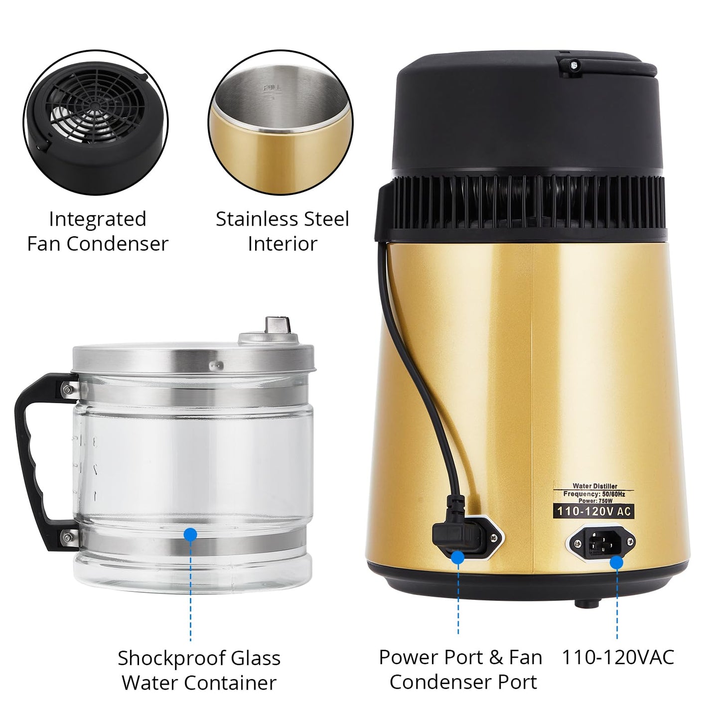 Garvee 4L Water Distiller Stainless Steel Distilled Water Purifier Countertop Home Use Golden